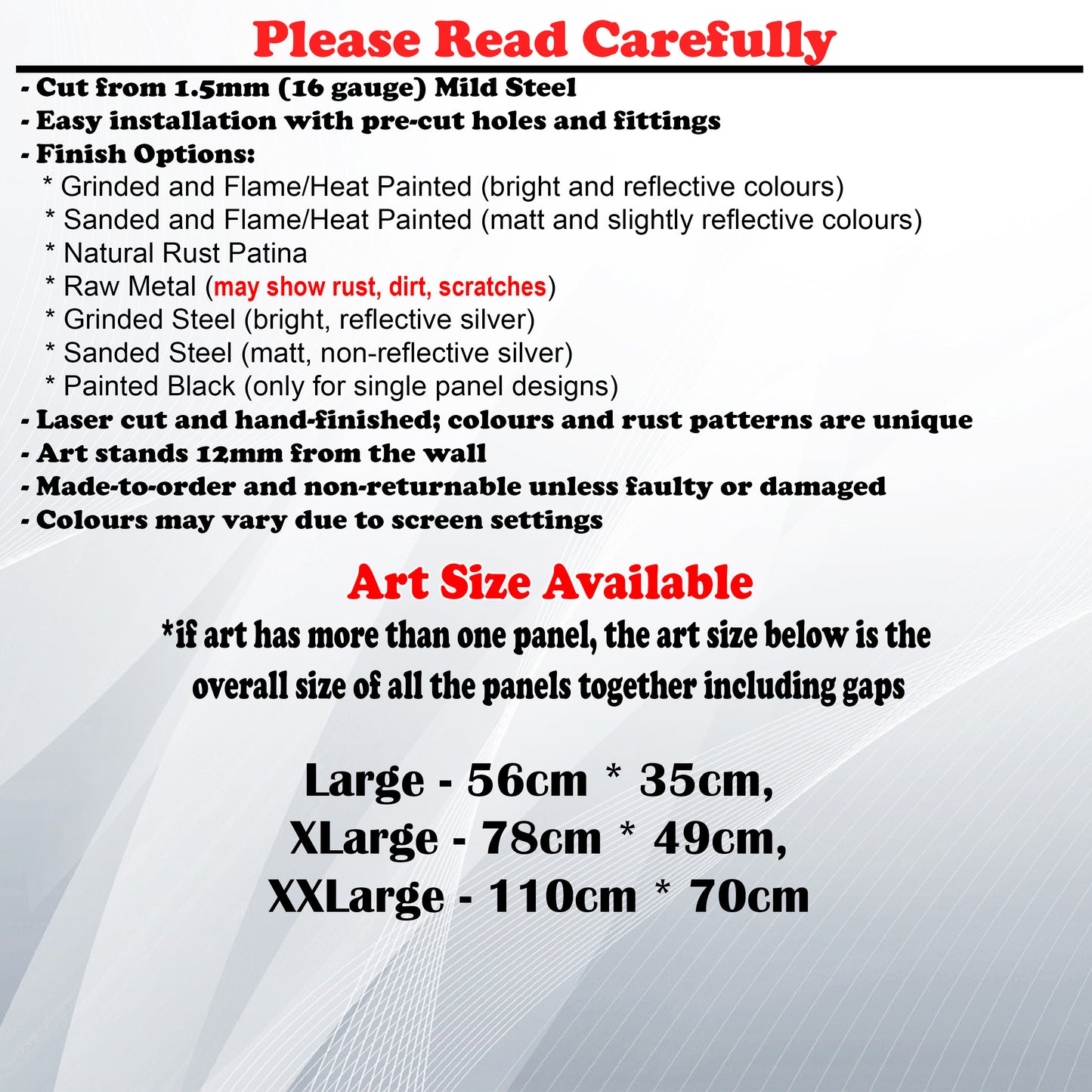 Metal Art Size Guide and art details like Material, finish options, fittings
