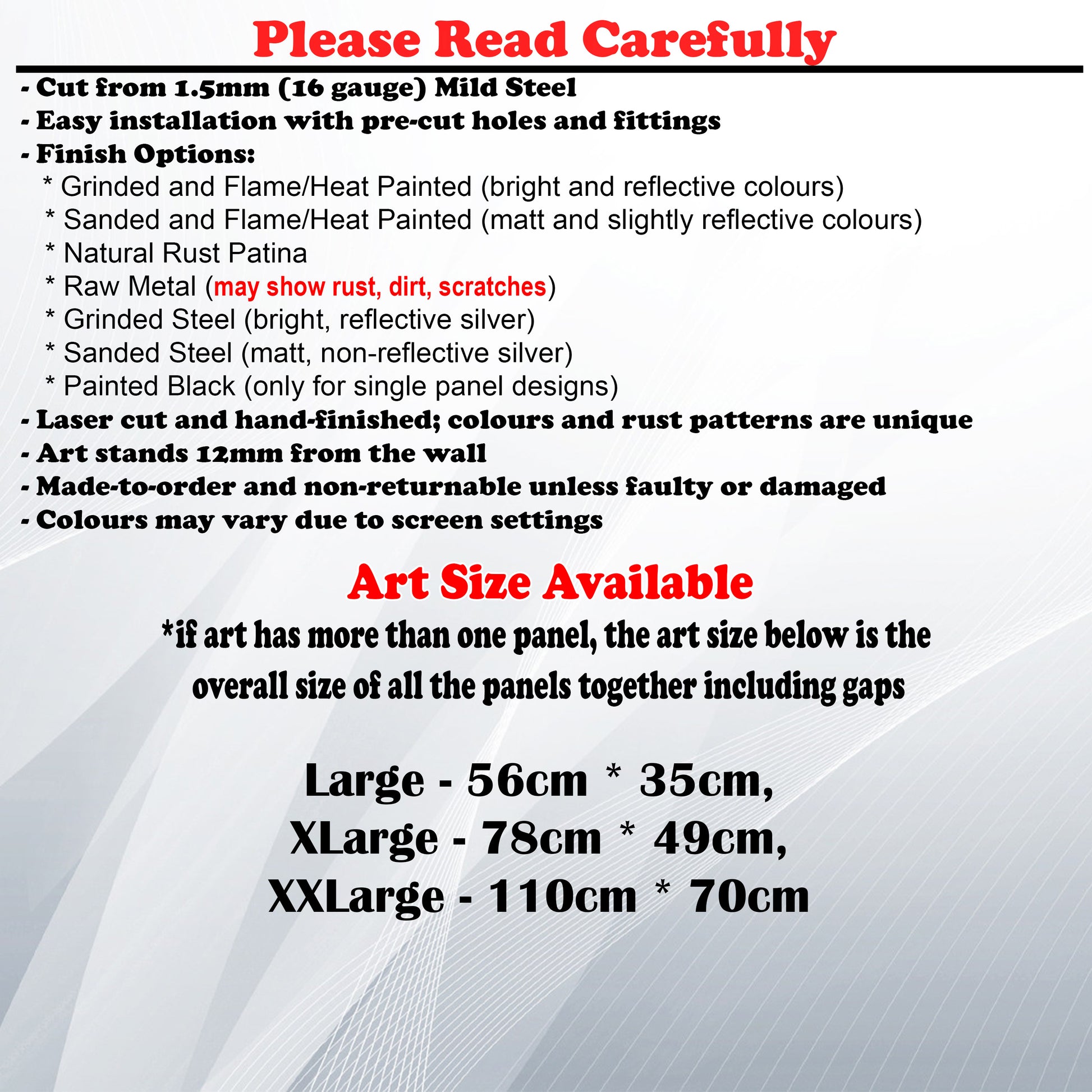 Metal Art Size Guide and art details like Material, finish options, fittings