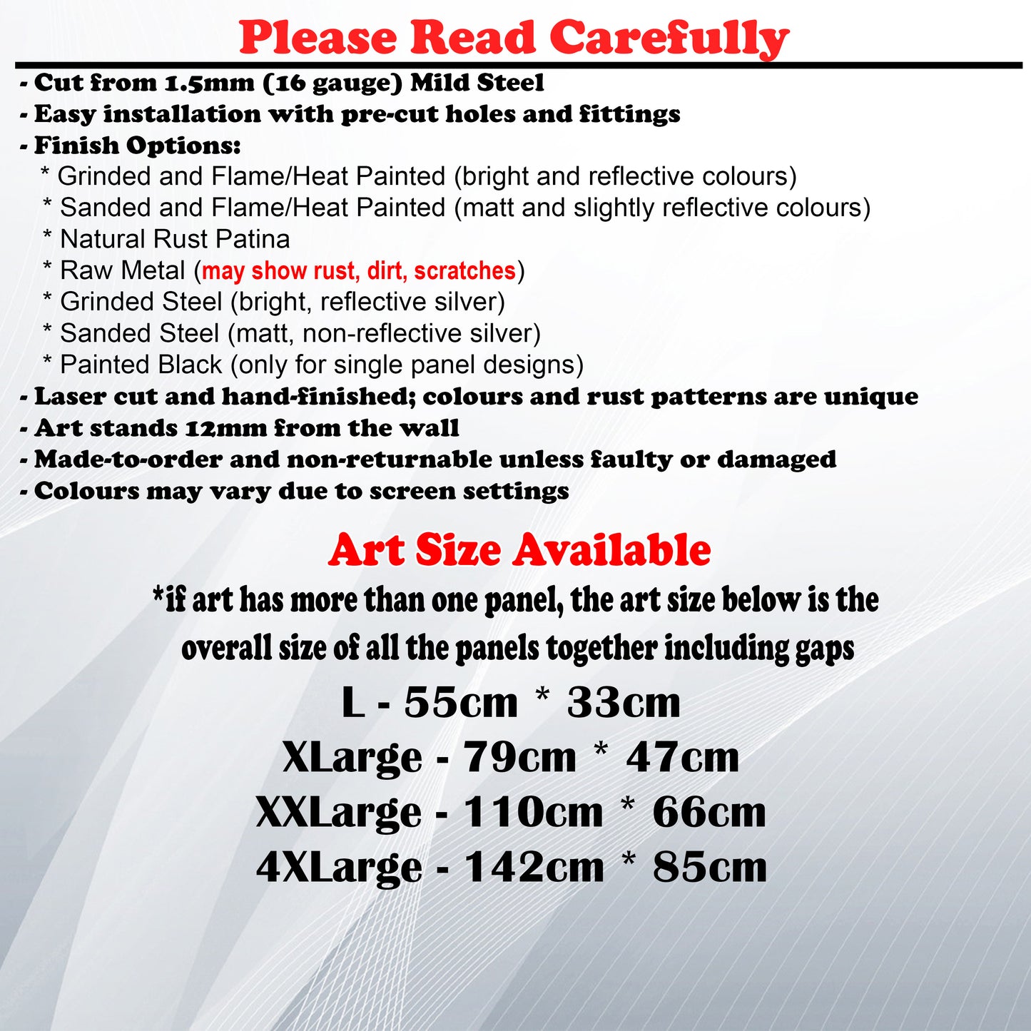 Metal Art Size Guide and art details like Material, finish options, fittings