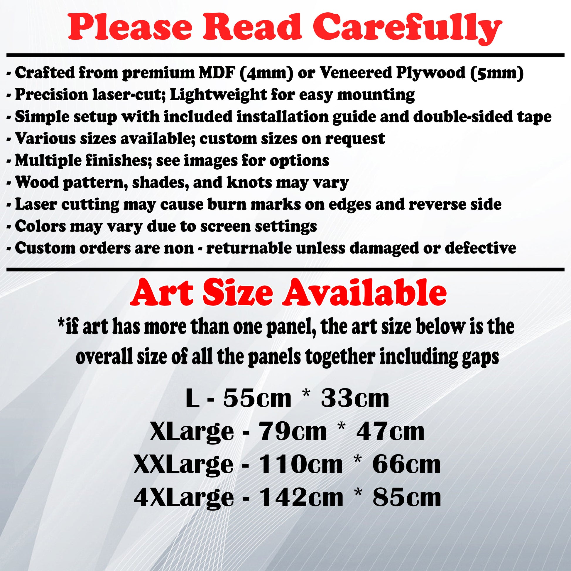 Wooden Art Size Guide and art details, Material, finish options, fittings.