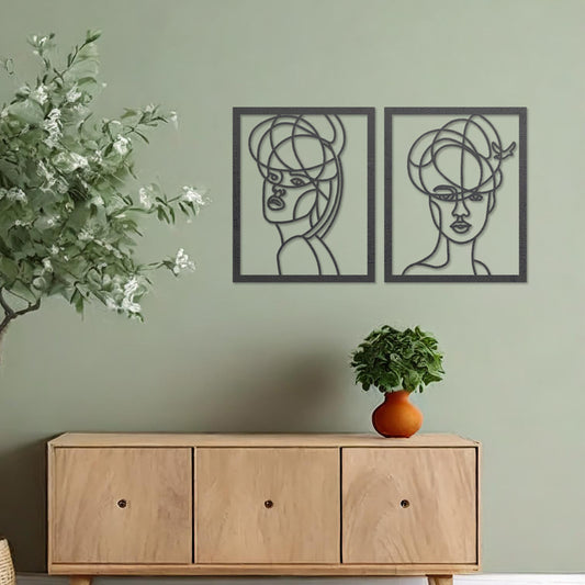 Wooden wall art set featuring two abstract face designs with artistic lines, capturing modern and minimalist elegance, placed on a neutral wall within a contemporary room decor, showcasing creativity and sophistication.