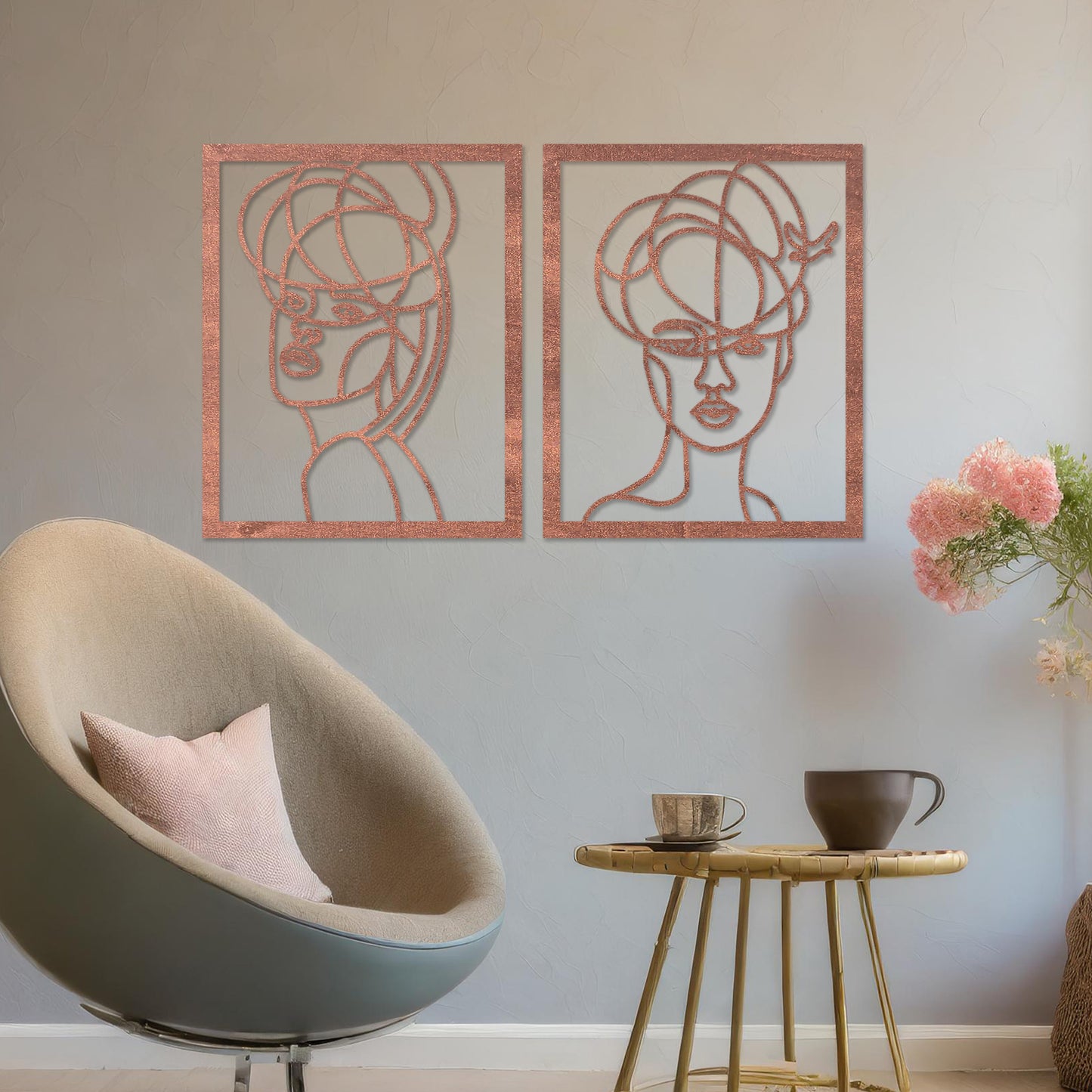 Wooden wall art set featuring two abstract face designs with artistic lines, capturing modern and minimalist elegance, placed on a neutral wall within a contemporary room decor, showcasing creativity and sophistication.