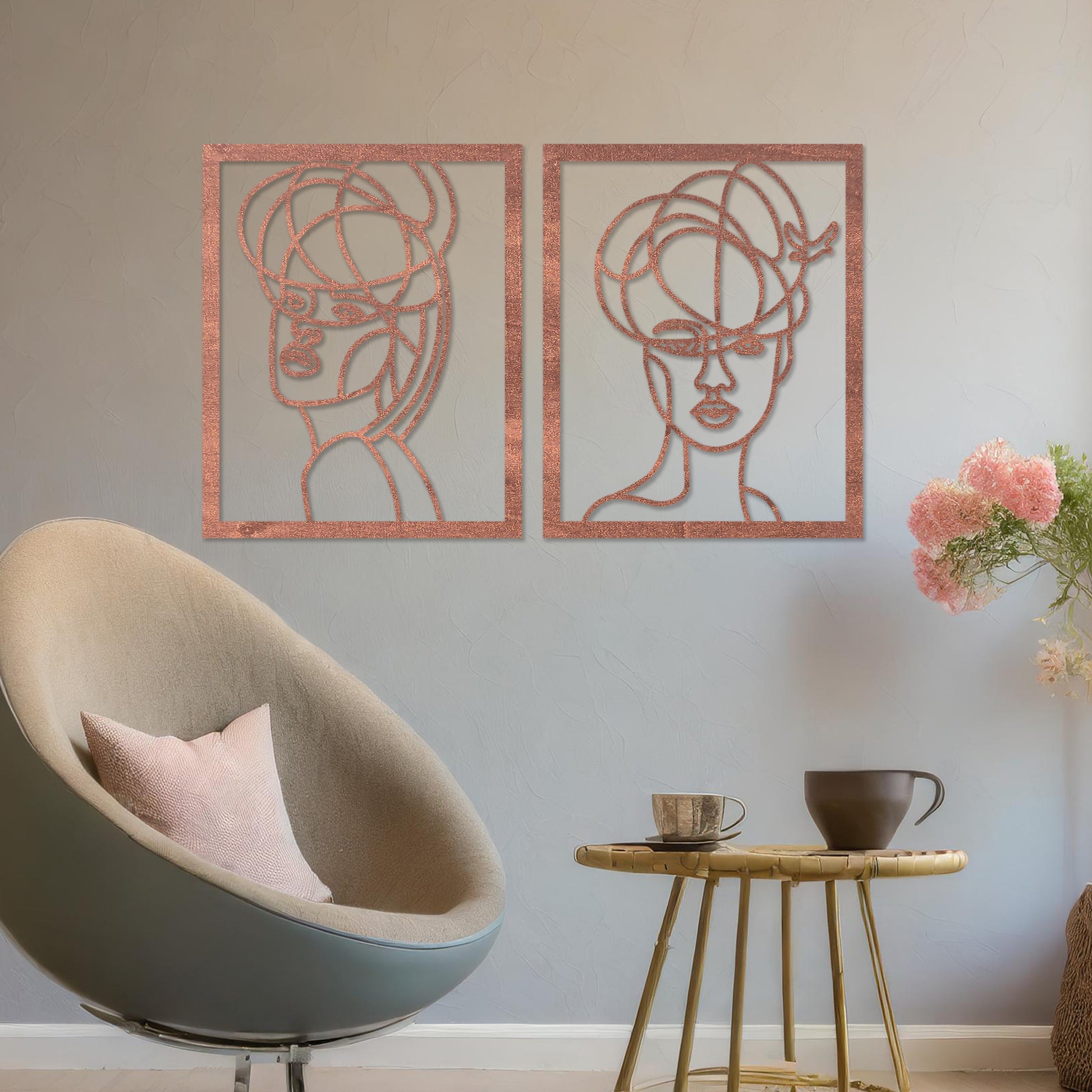 Wooden wall art set featuring two abstract face designs with artistic lines, capturing modern and minimalist elegance, placed on a neutral wall within a contemporary room decor, showcasing creativity and sophistication.