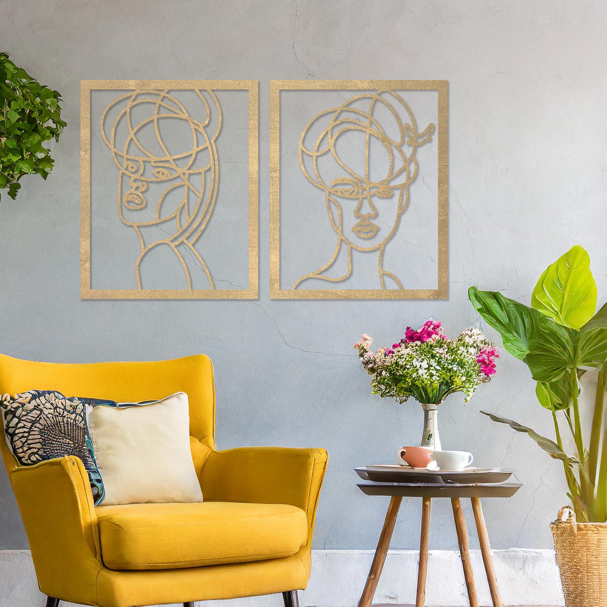 Wooden wall art set featuring two abstract face designs with artistic lines, capturing modern and minimalist elegance, placed on a neutral wall within a contemporary room decor, showcasing creativity and sophistication.