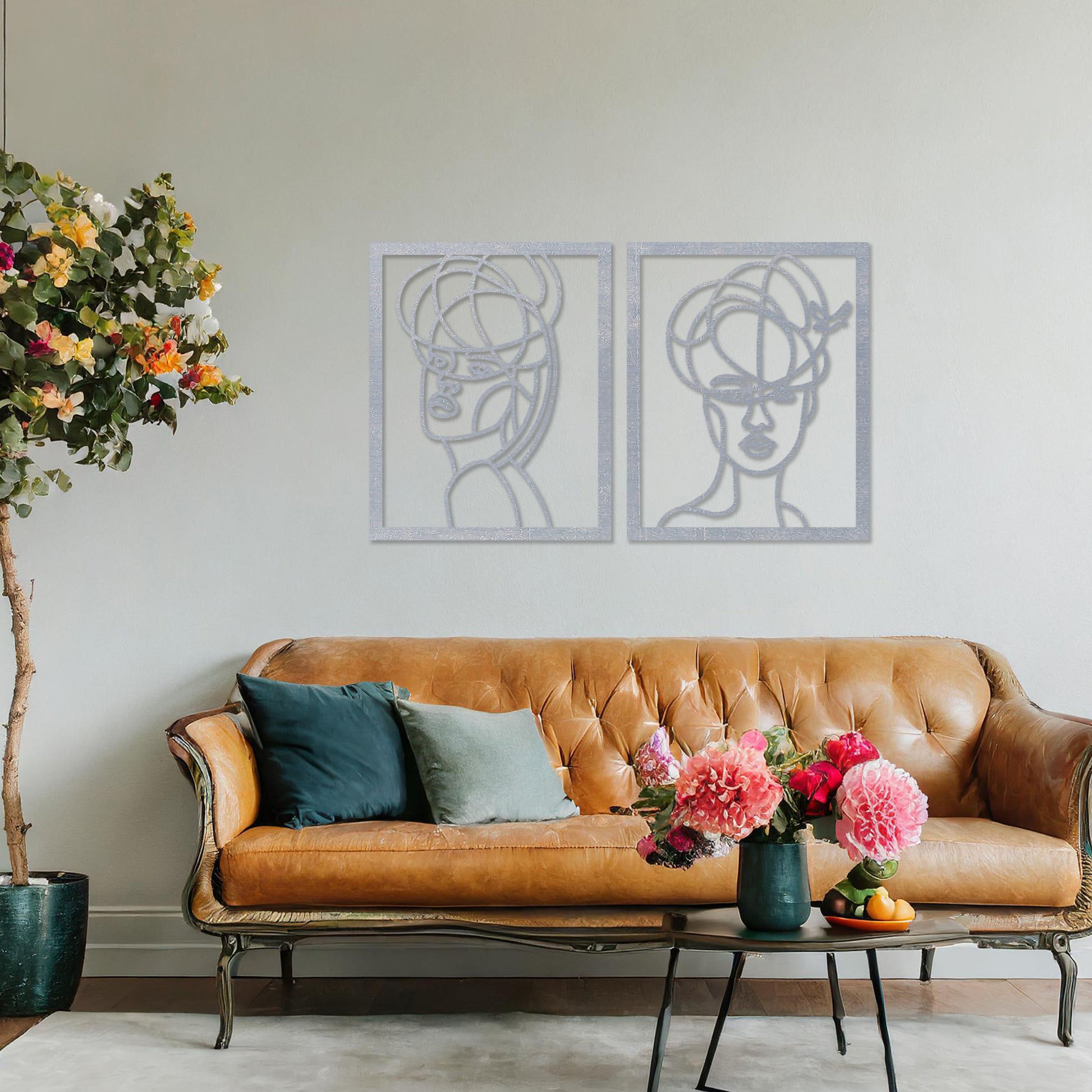 Wooden wall art set featuring two abstract face designs with artistic lines, capturing modern and minimalist elegance, placed on a neutral wall within a contemporary room decor, showcasing creativity and sophistication.
