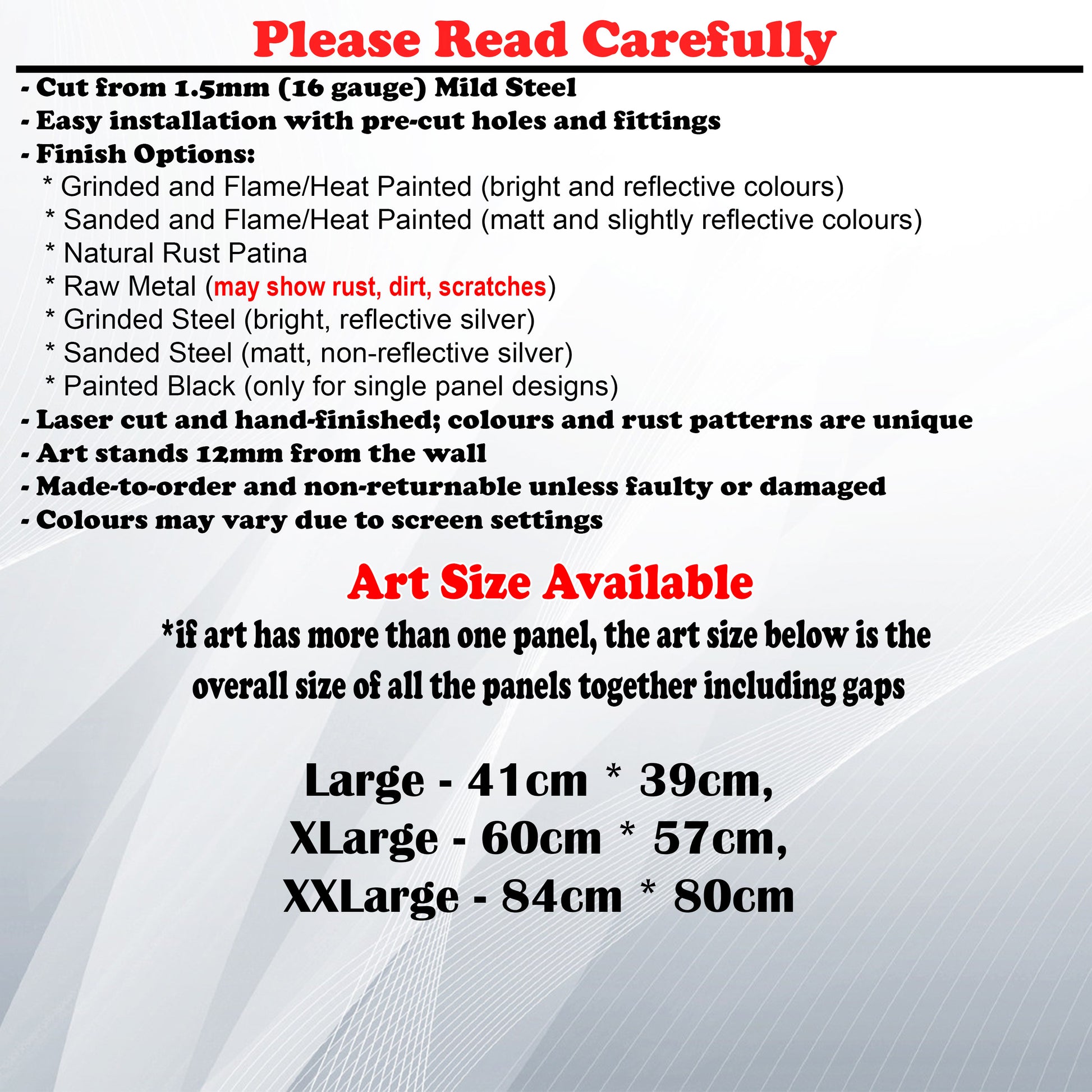 Metal Art Size Guide and art details like Material, finish options, fittings