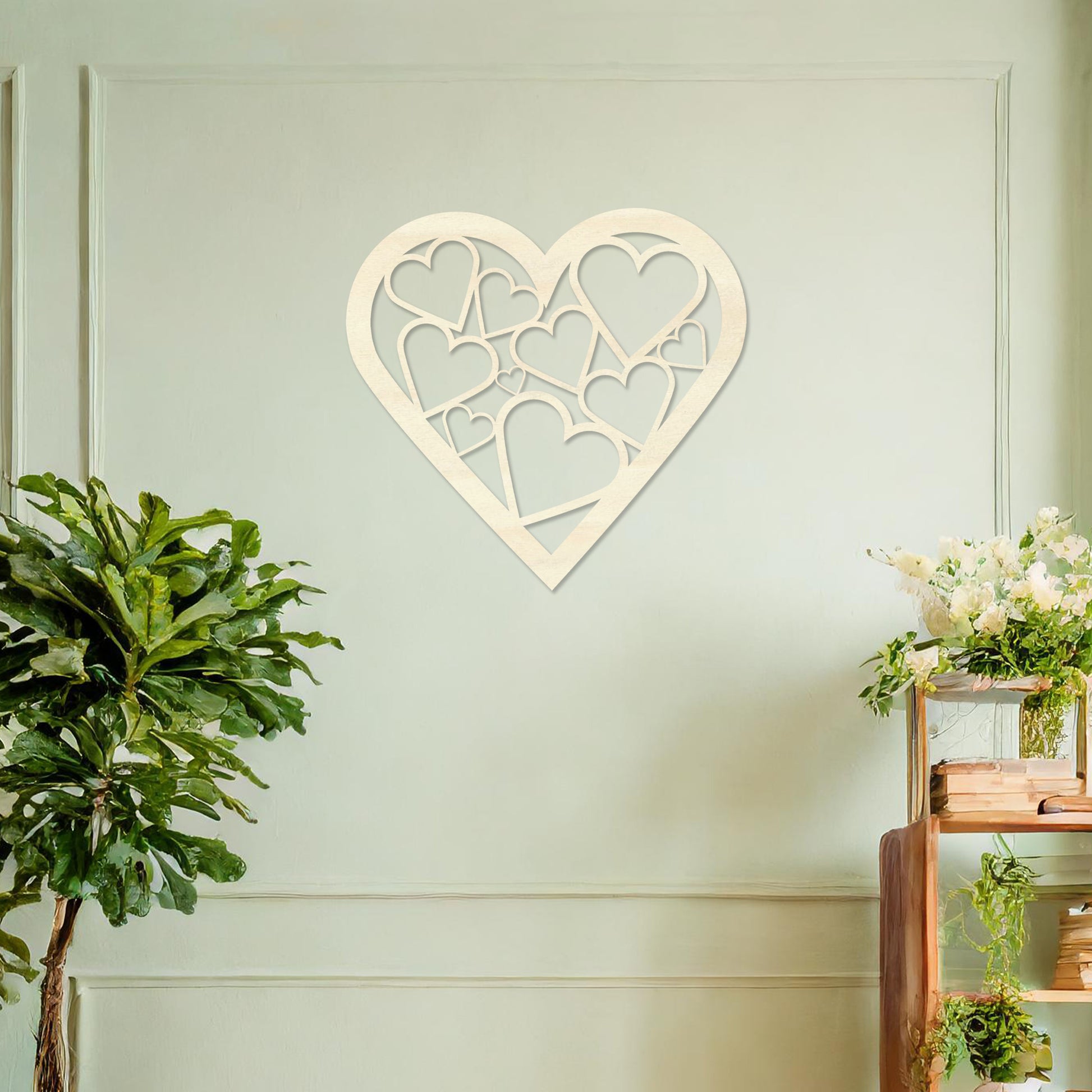 Wooden heart wall art featuring a cluster of interconnected heart shapes, placed on a neutral wall within modern room decor, highlighting its romantic and artistic design, ideal for adding charm to the space.