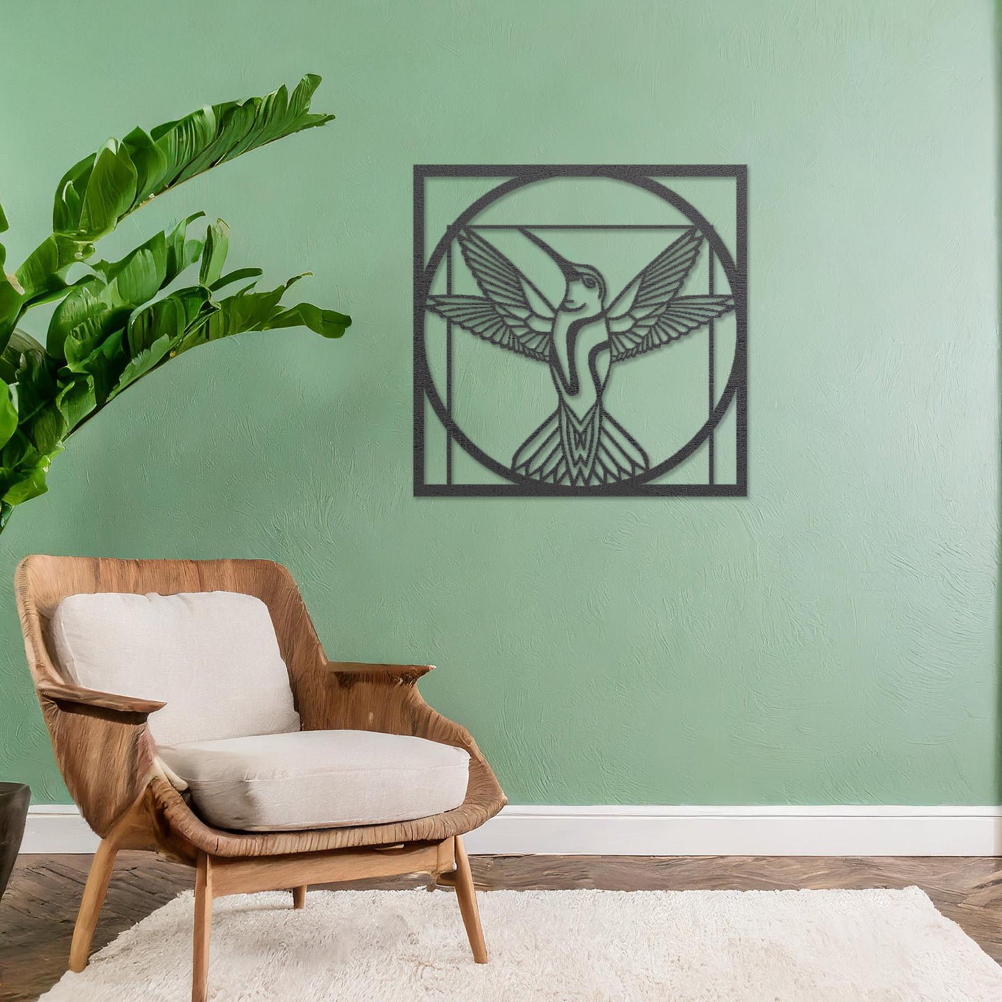 Wooden hummingbird wall art showcasing a detailed design with outstretched wings in a geometric frame, placed on a neutral wall within modern room decor, adding a touch of elegance and nature-inspired artistry to the space.