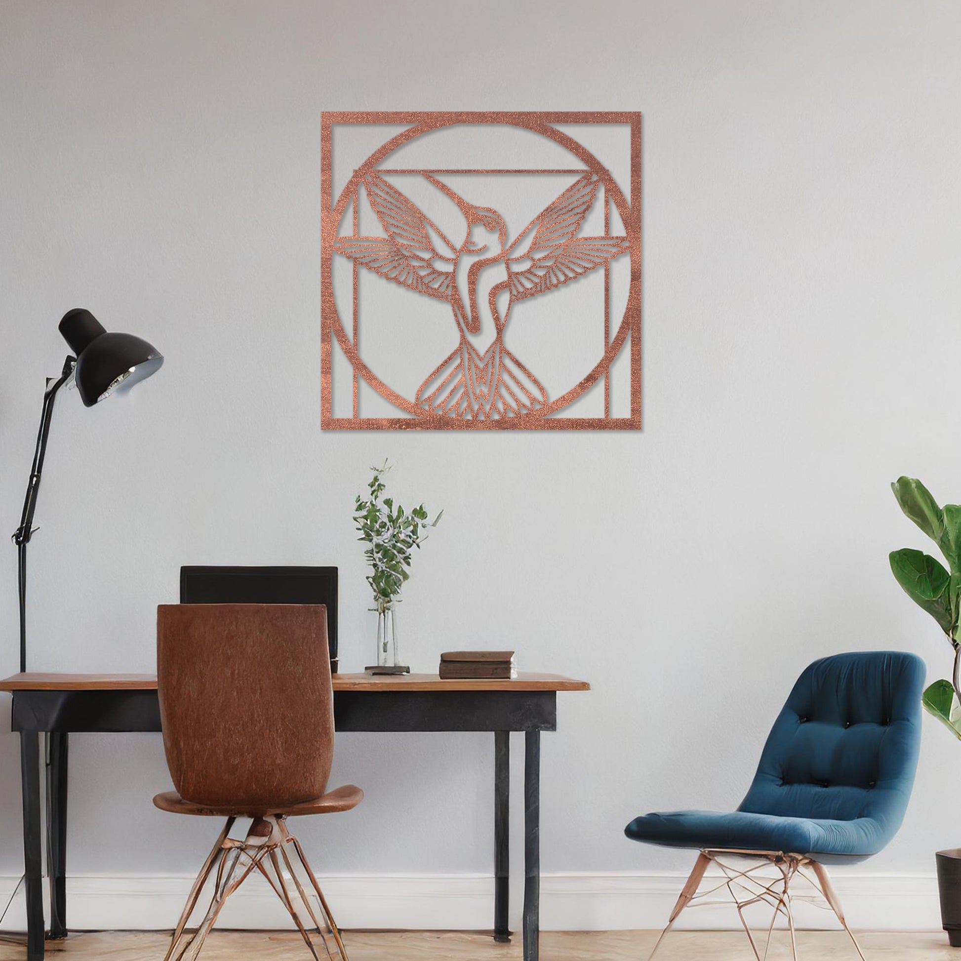 Wooden hummingbird wall art showcasing a detailed design with outstretched wings in a geometric frame, placed on a neutral wall within modern room decor, adding a touch of elegance and nature-inspired artistry to the space.