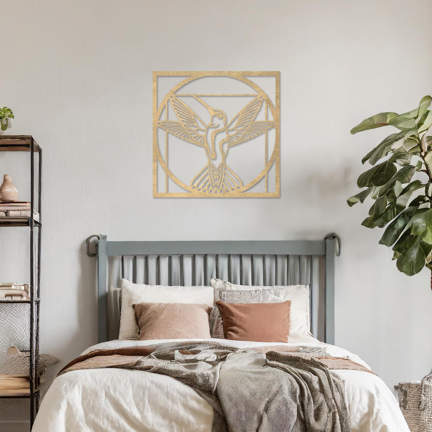 Wooden hummingbird wall art showcasing a detailed design with outstretched wings in a geometric frame, placed on a neutral wall within modern room decor, adding a touch of elegance and nature-inspired artistry to the space.