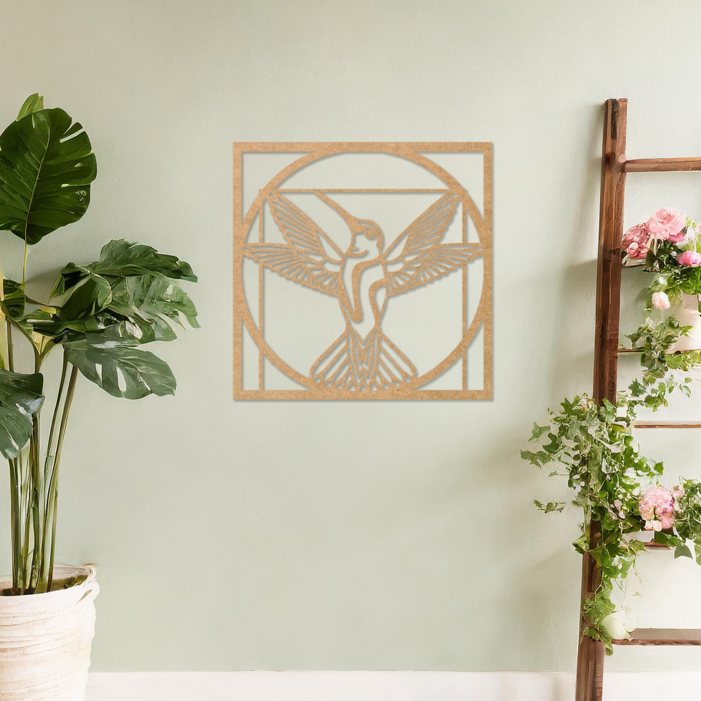 Wooden hummingbird wall art showcasing a detailed design with outstretched wings in a geometric frame, placed on a neutral wall within modern room decor, adding a touch of elegance and nature-inspired artistry to the space.