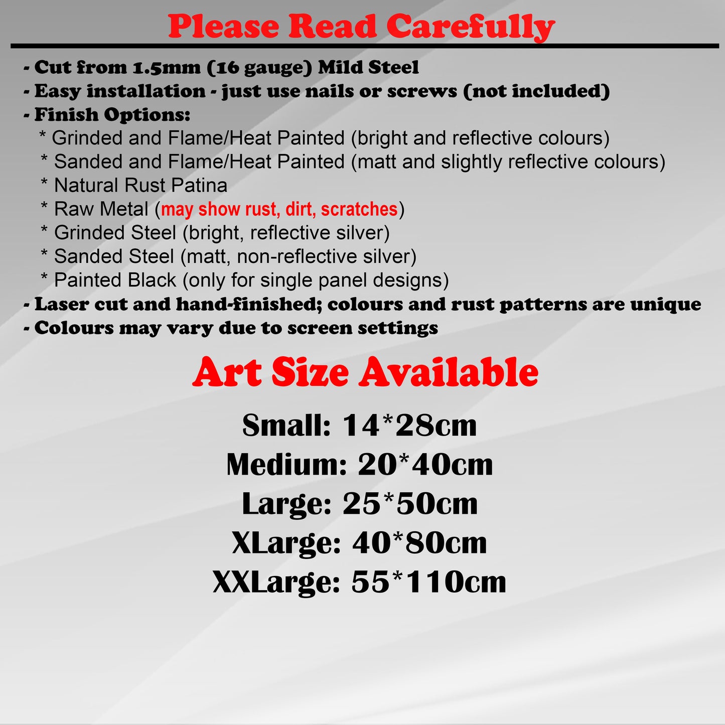 Duke Craft - Metal Garden Art Size Guide and art details, Material, finish options, fittings explained.