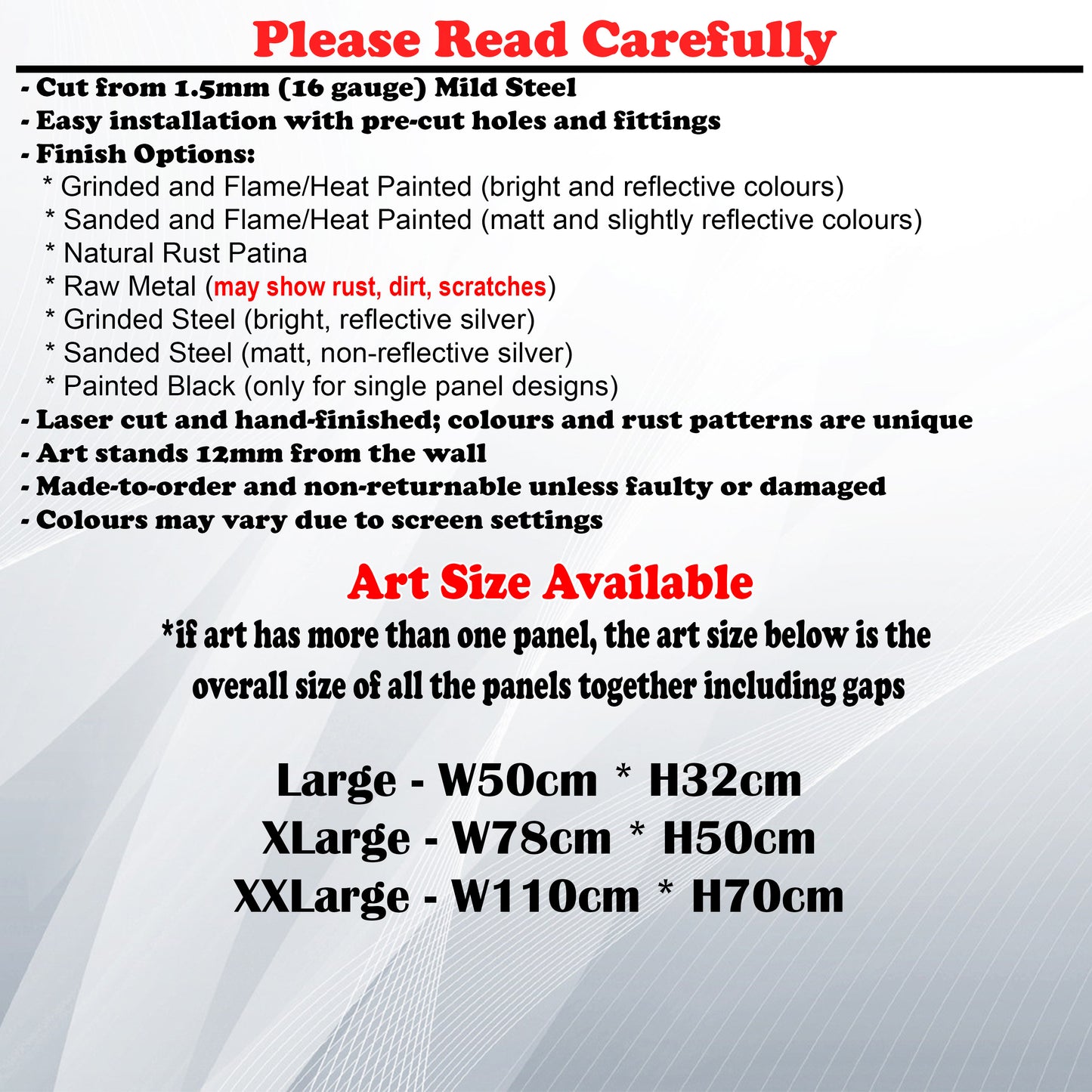 Metal Art Size Guide and art details like Material, finish options, fittings