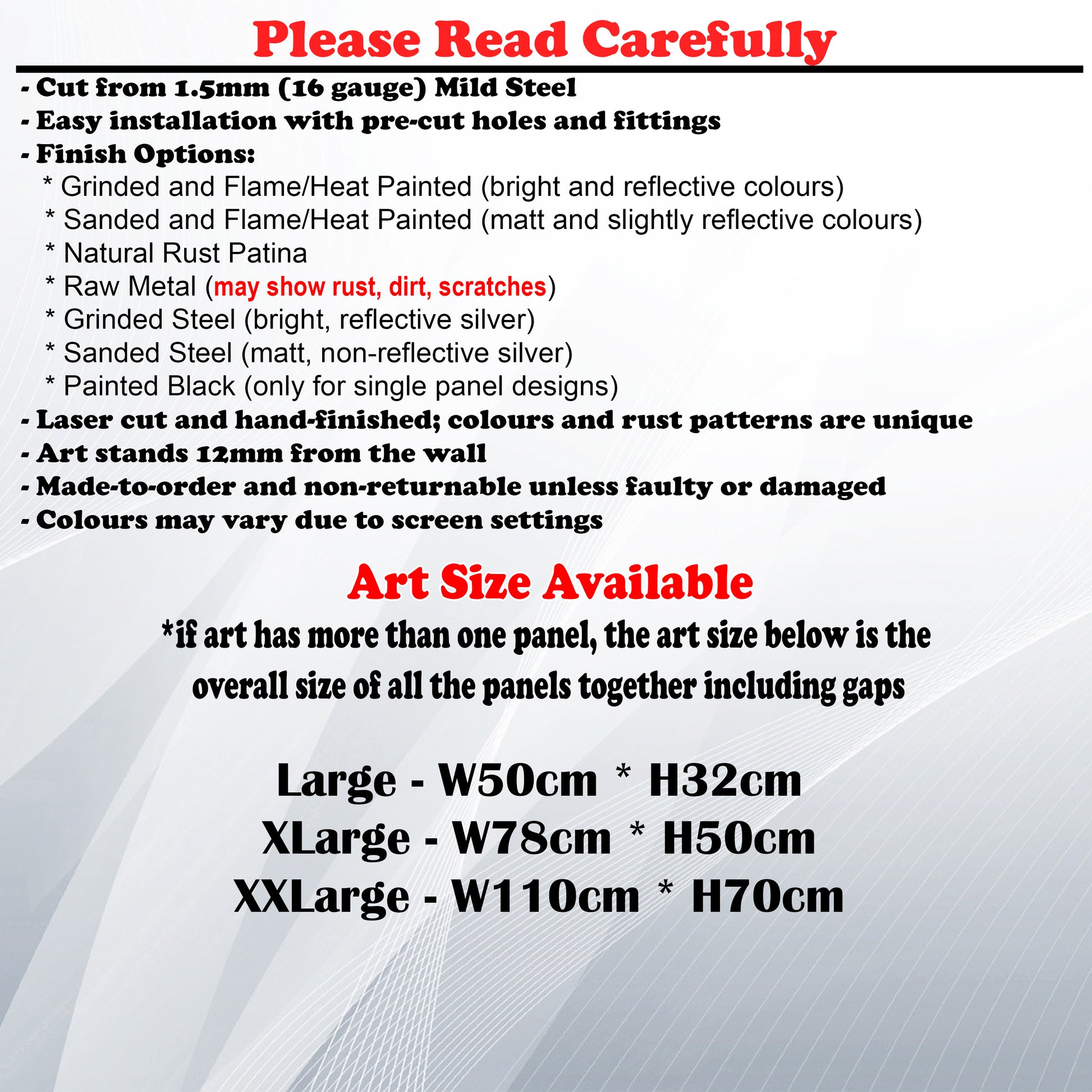 Metal Art Size Guide and art details like Material, finish options, fittings