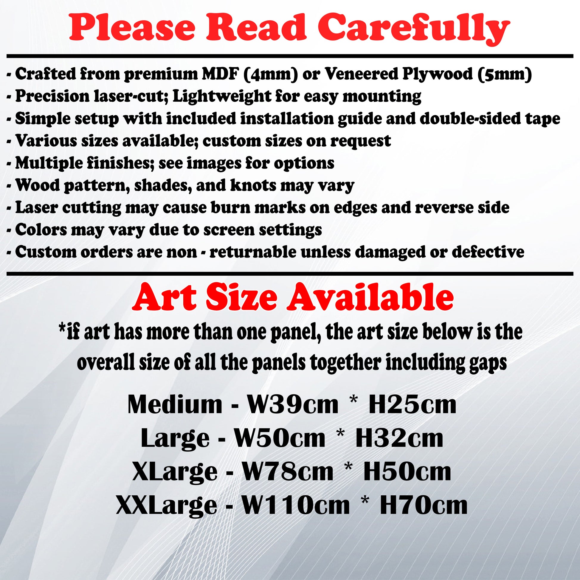 Wooden Art Size Guide and art details, Material, finish options, fittings.