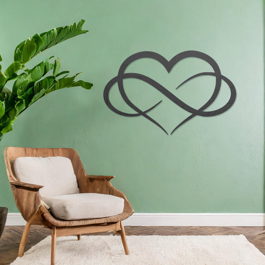 Wooden infinity heart wall art featuring a minimalist and elegant design, blending an infinity symbol seamlessly into a heart shape, displayed on a neutral wall within modern decor to add a timeless touch to the space.