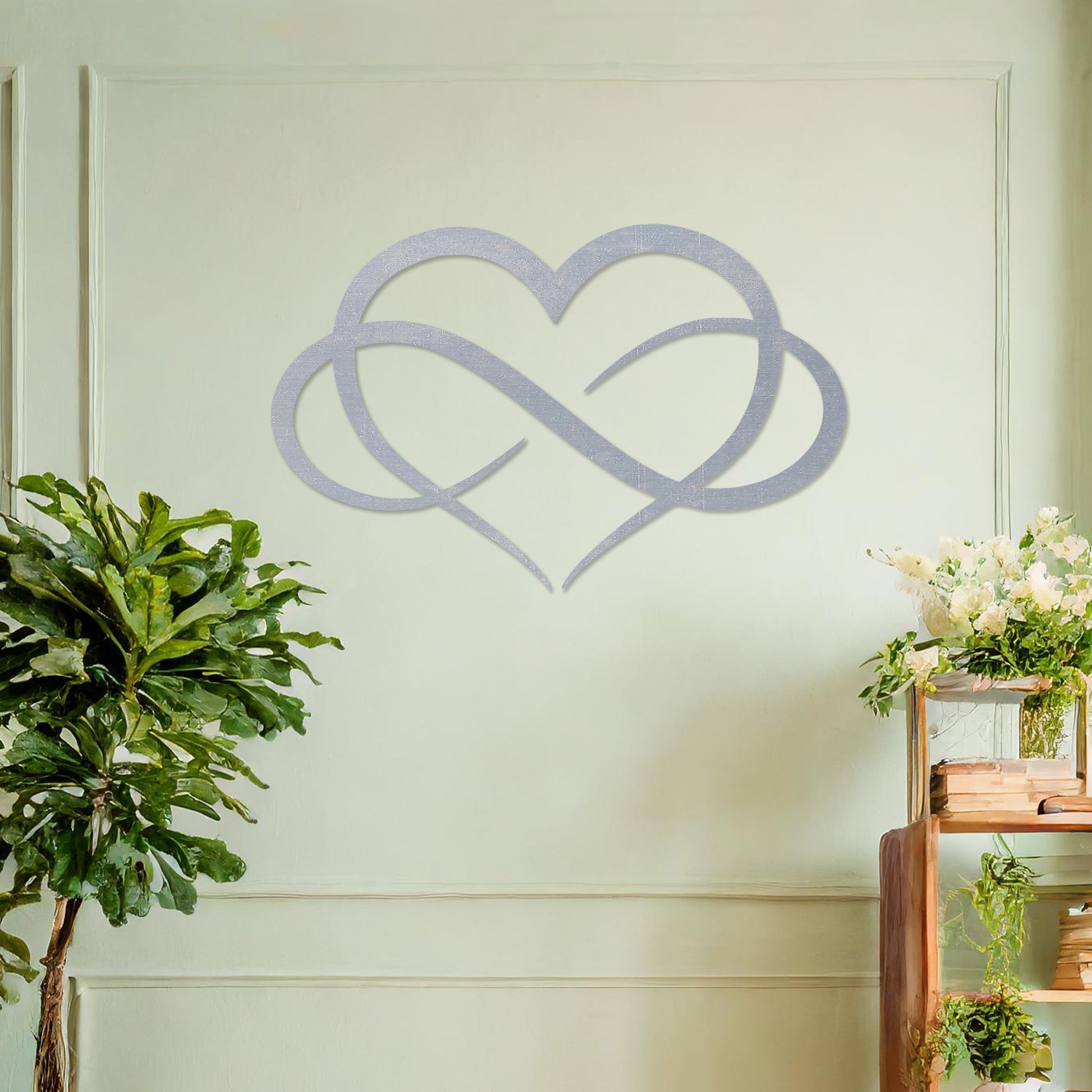 Wooden infinity heart wall art featuring a minimalist and elegant design, blending an infinity symbol seamlessly into a heart shape, displayed on a neutral wall within modern decor to add a timeless touch to the space.