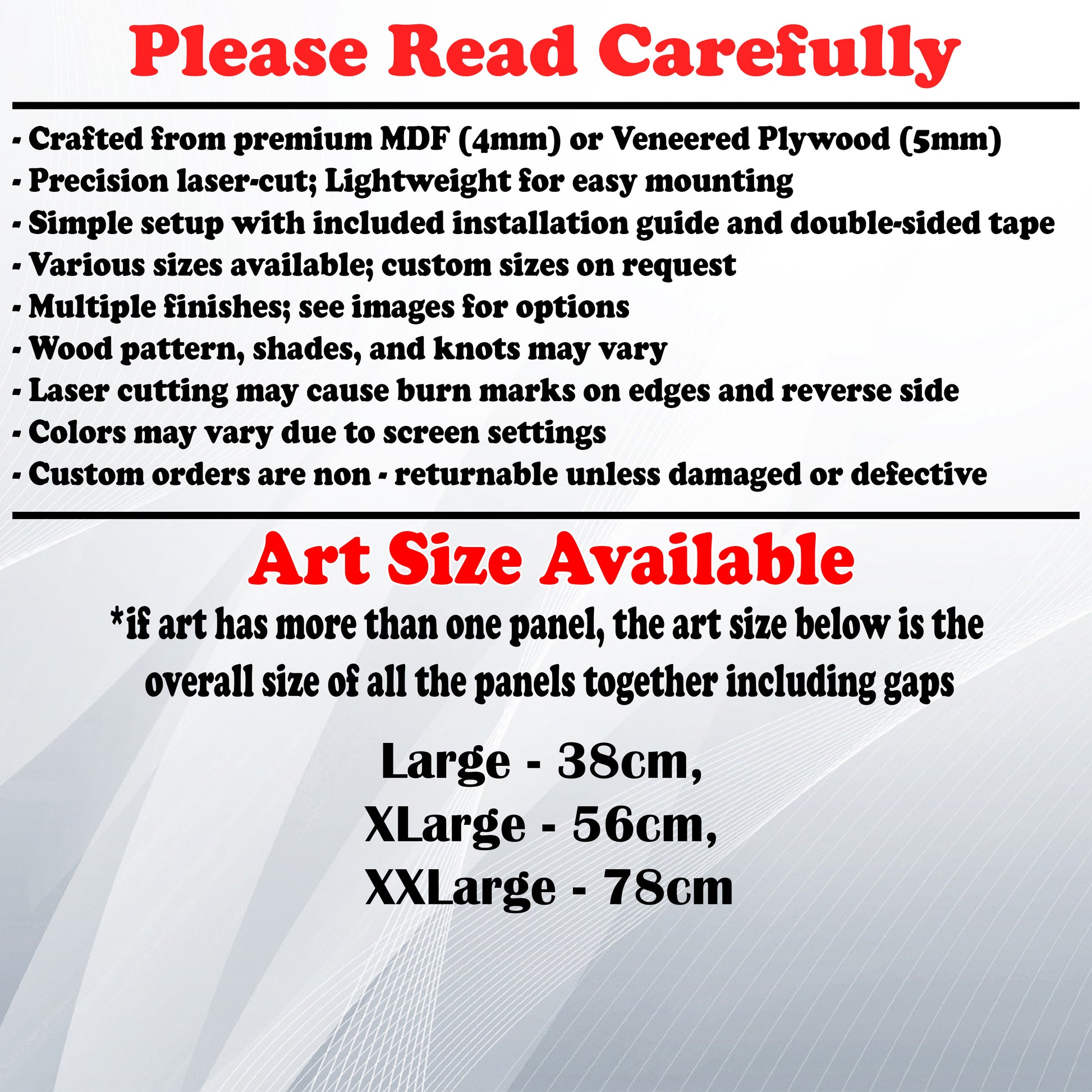 Wooden Art Size Guide and art details, Material, finish options, fittings.