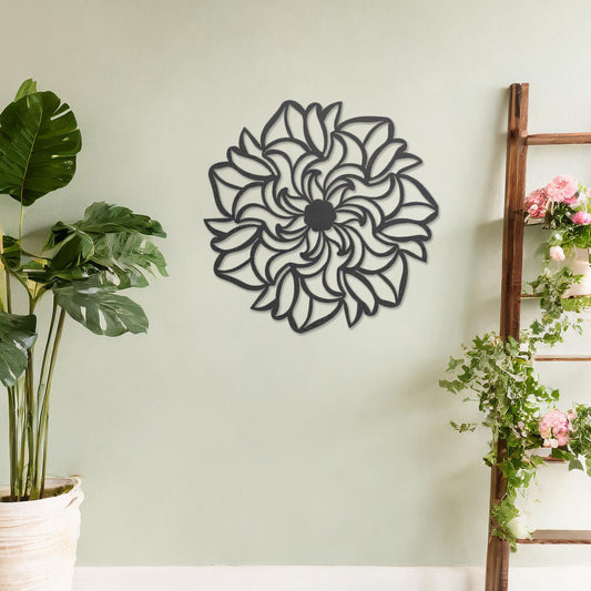 Wooden floral wall art featuring a captivating design with swirling petal patterns, crafted for a unique artistic touch. Displayed on a neutral wall within a modern room decor, this piece enhances the aesthetic of any living space.