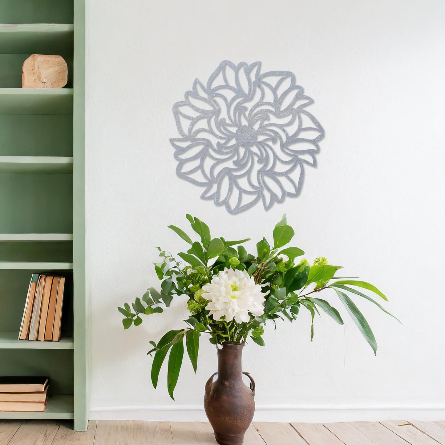 Wooden floral wall art featuring a captivating design with swirling petal patterns, crafted for a unique artistic touch. Displayed on a neutral wall within a modern room decor, this piece enhances the aesthetic of any living space.