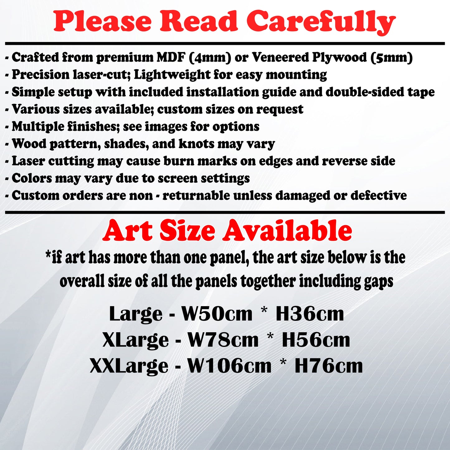 Wooden Art Size Guide and art details, Material, finish options, fittings.