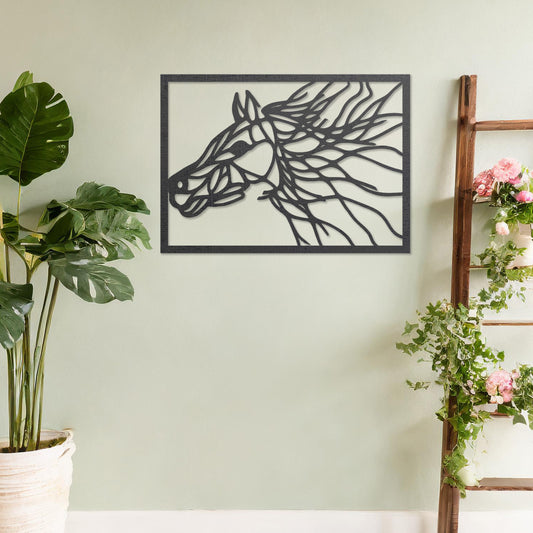 Wooden wall art featuring a dynamic horse head design with flowing lines that evoke movement and energy. Mounted on a neutral wall within a modern room decor, this captivating piece adds an artistic touch to the space.