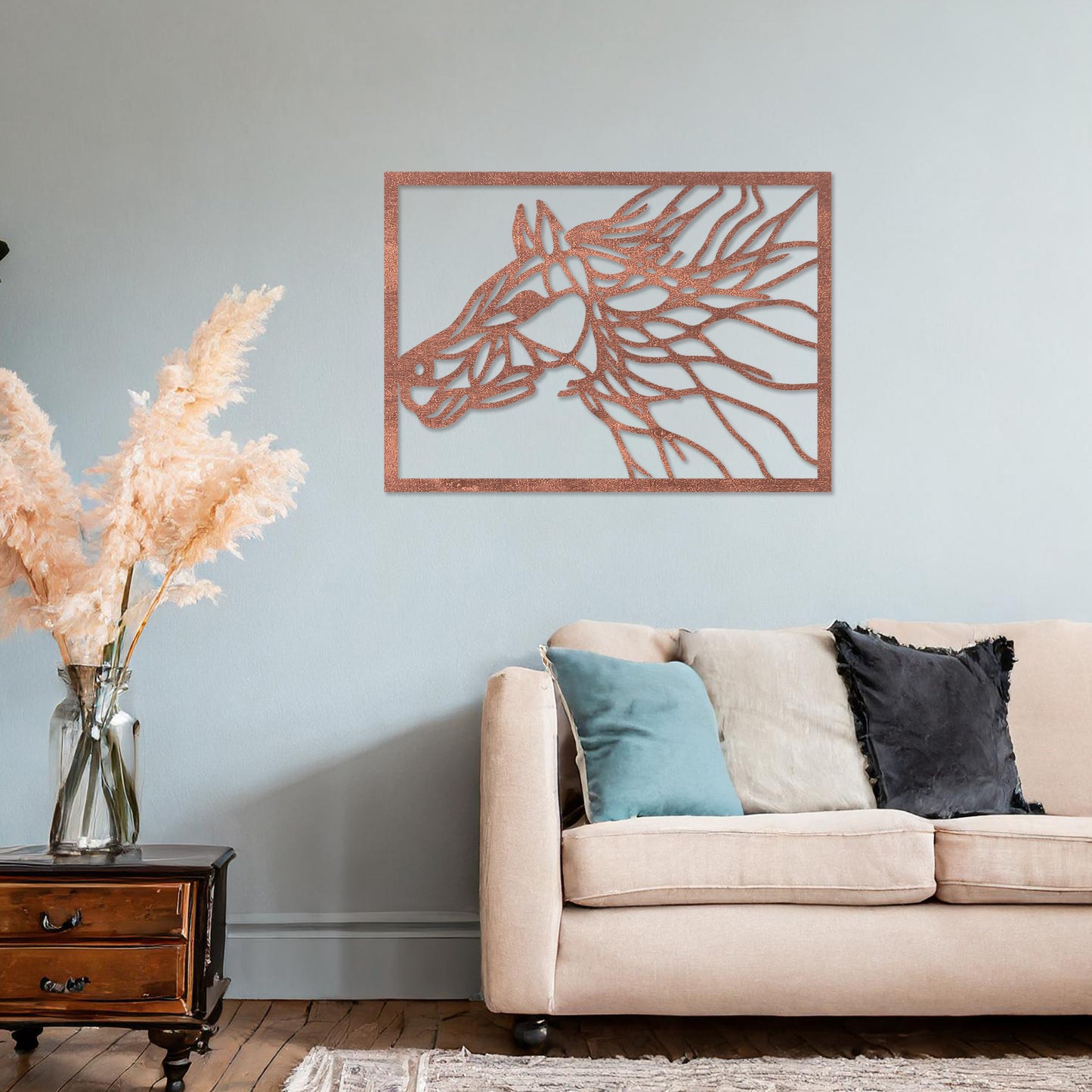 Wooden wall art featuring a dynamic horse head design with flowing lines that evoke movement and energy. Mounted on a neutral wall within a modern room decor, this captivating piece adds an artistic touch to the space.