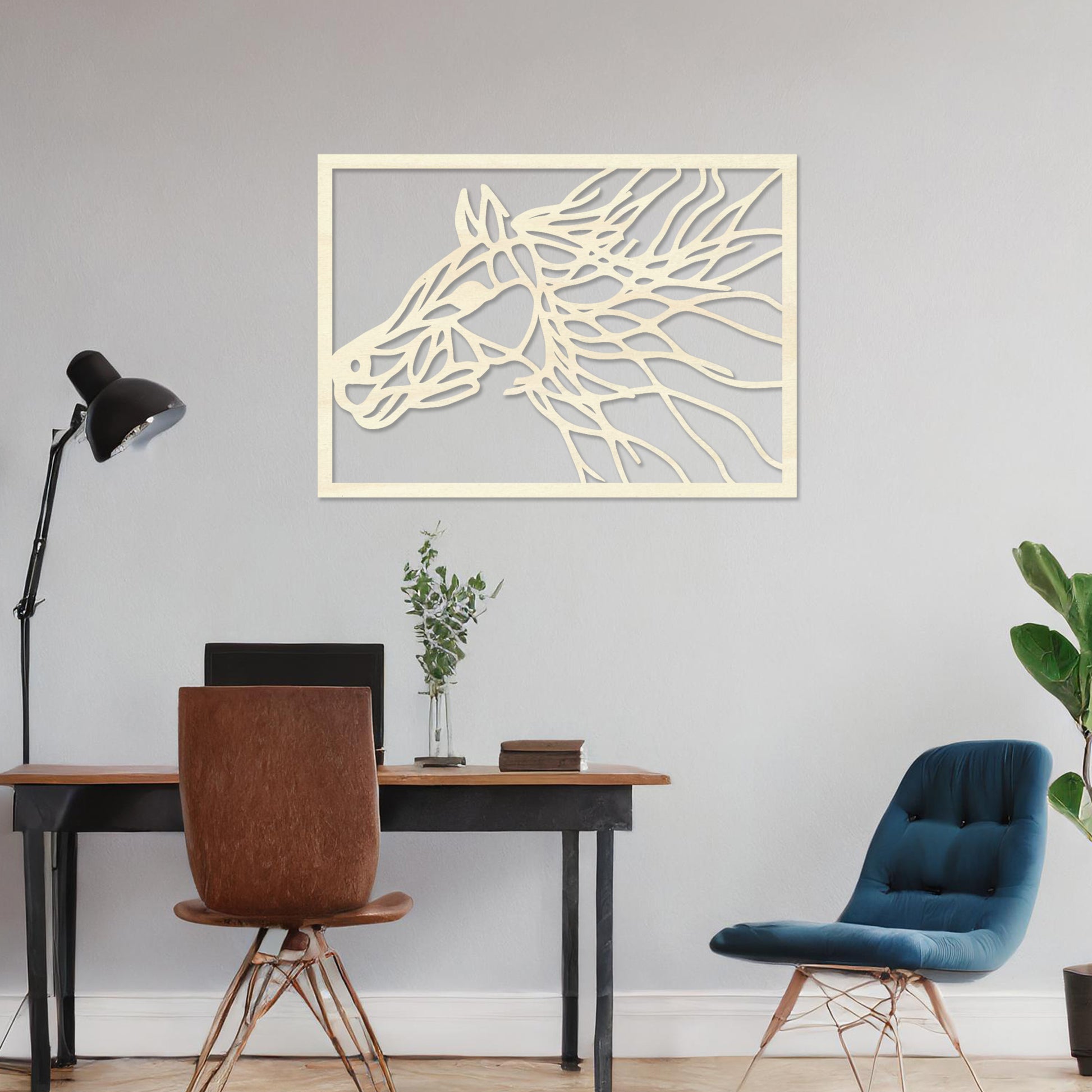Wooden wall art featuring a dynamic horse head design with flowing lines that evoke movement and energy. Mounted on a neutral wall within a modern room decor, this captivating piece adds an artistic touch to the space.