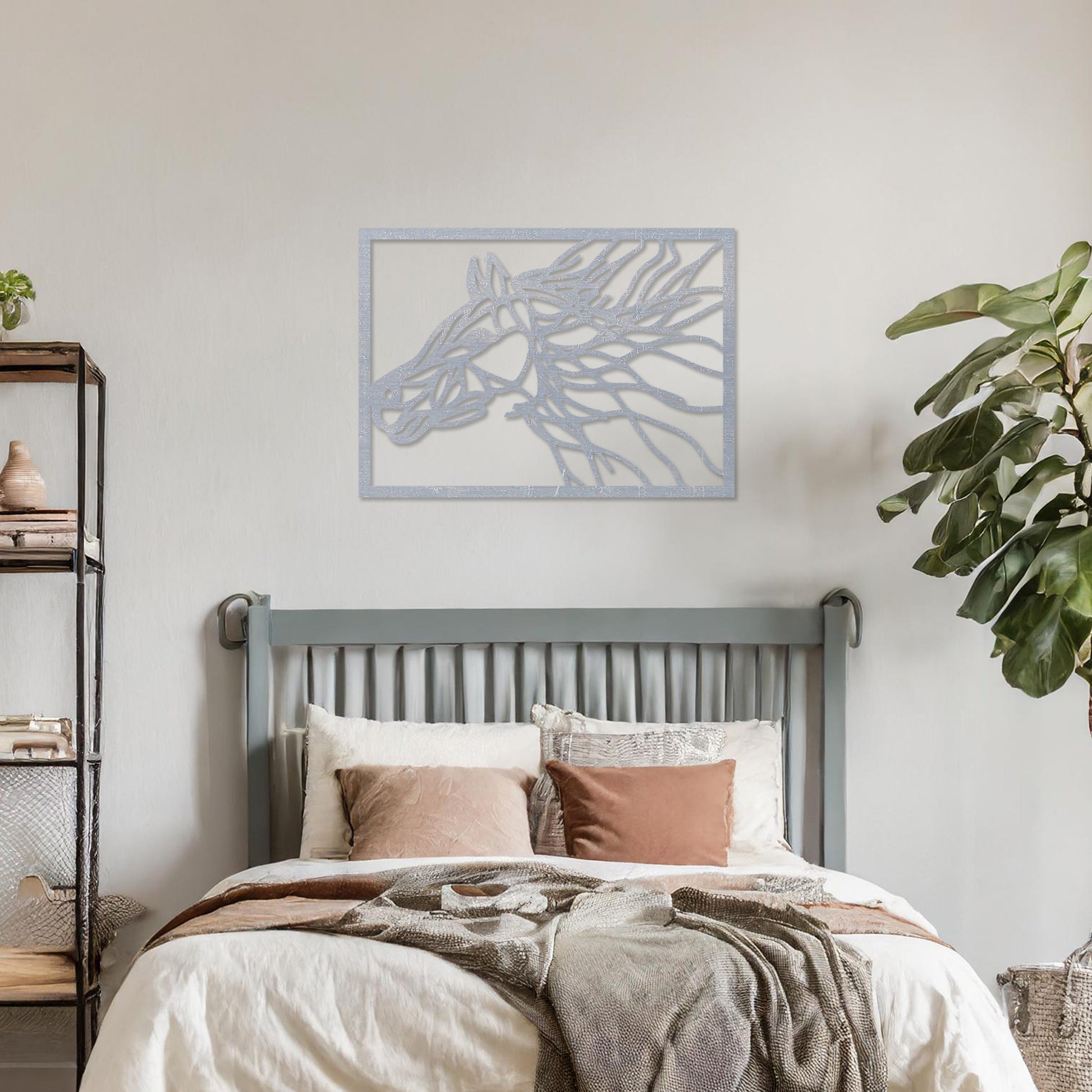 Wooden wall art featuring a dynamic horse head design with flowing lines that evoke movement and energy. Mounted on a neutral wall within a modern room decor, this captivating piece adds an artistic touch to the space.