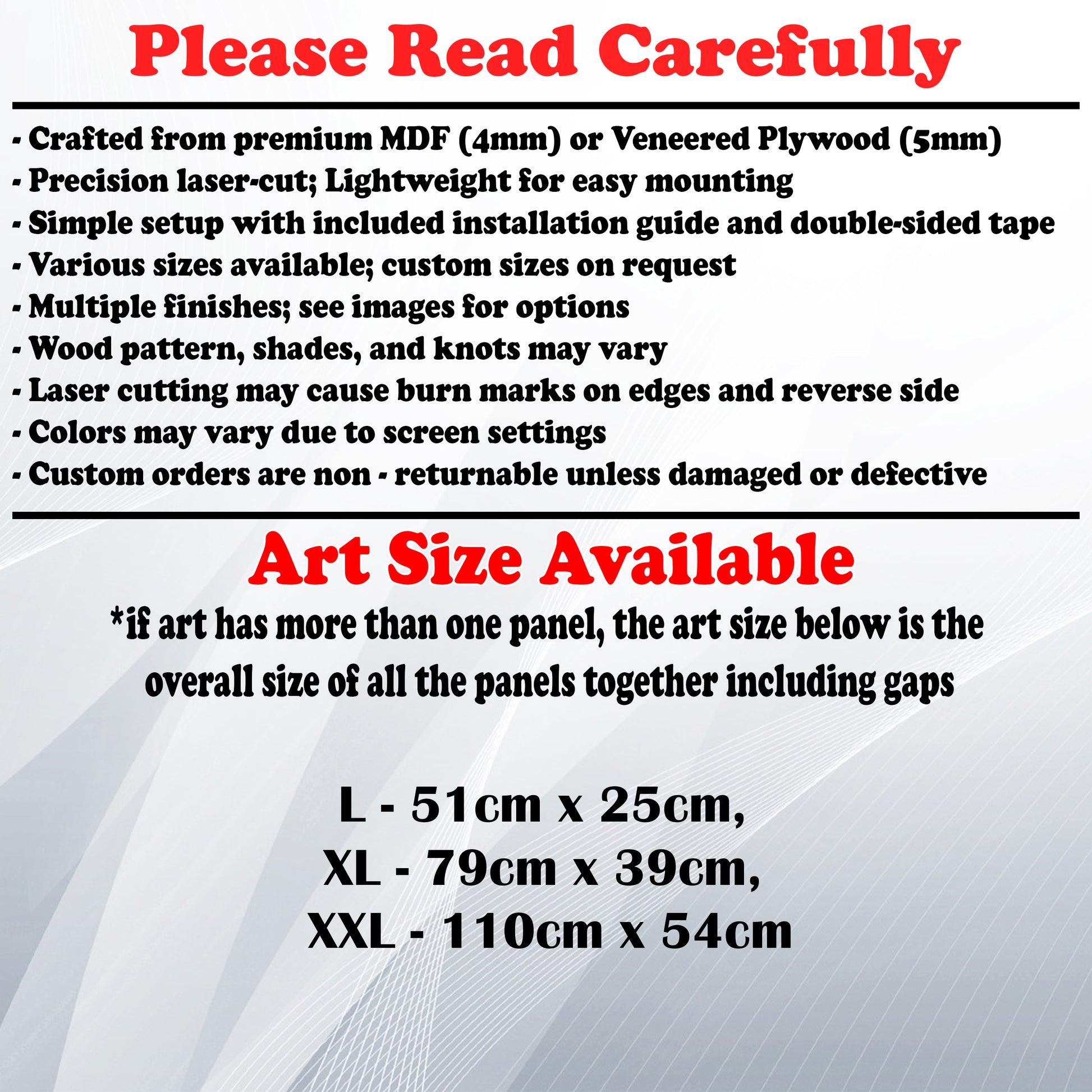 Wooden Art Size Guide and art details, Material, finish options, fittings.