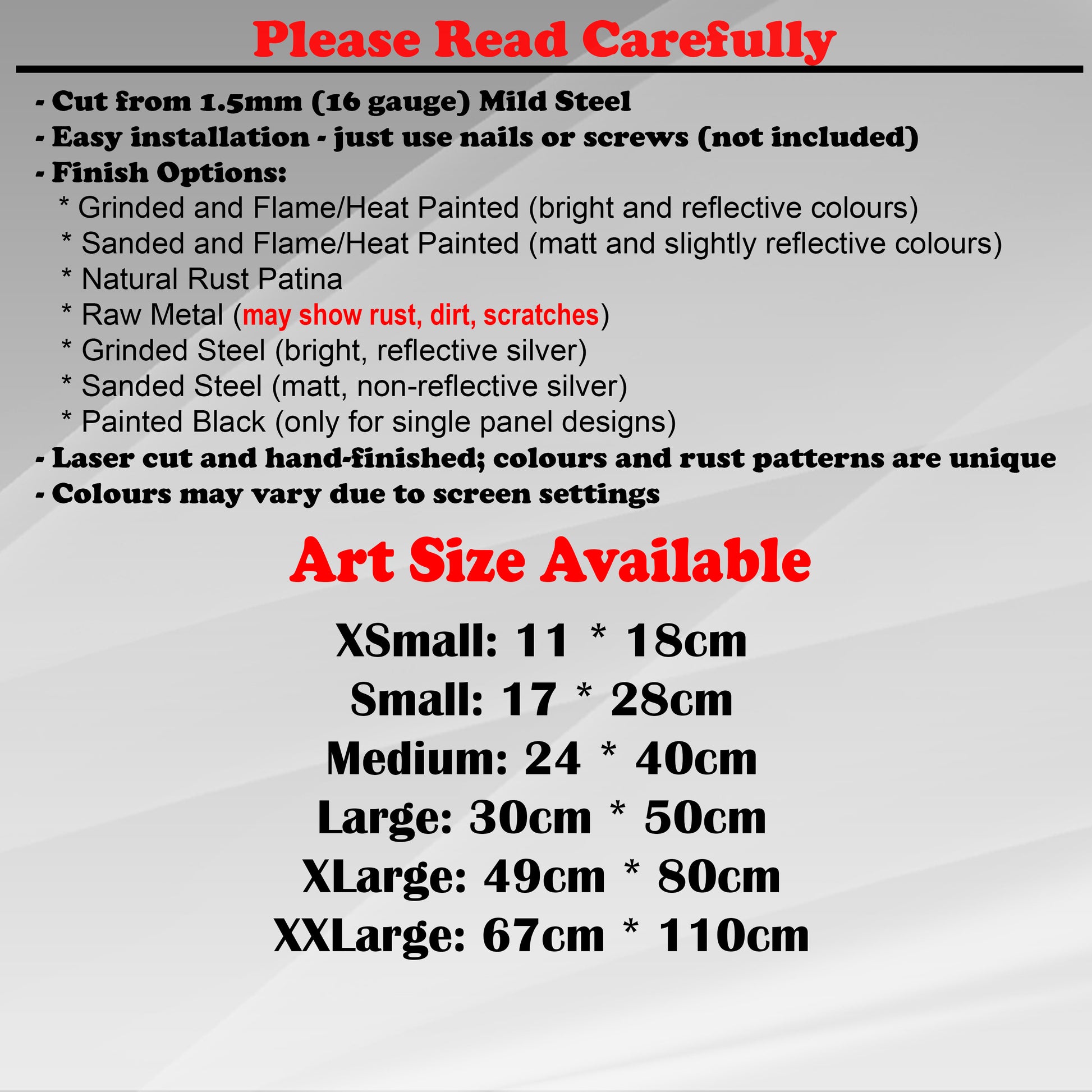 Duke Craft - Metal Garden Art Size Guide and art details, Material, finish options, fittings explained.