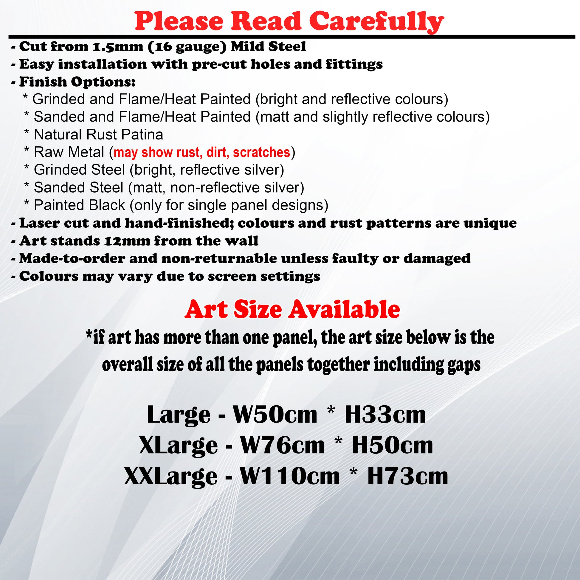 Metal Art Size Guide and art details like Material, finish options, fittings