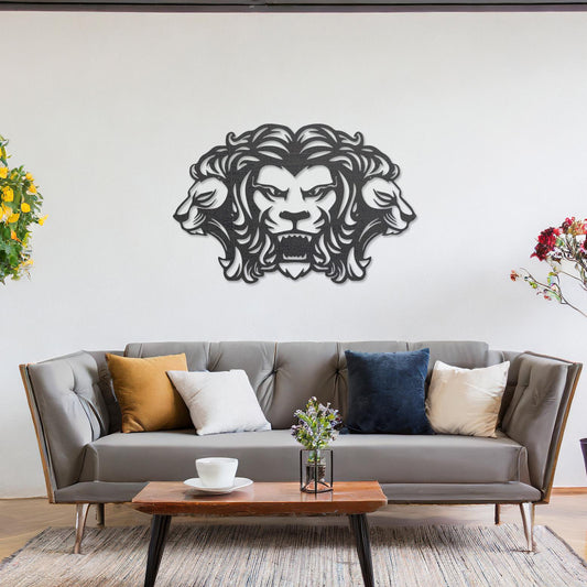 Wooden wall art featuring a striking design of three lions, with the central lion in a roaring pose and the two side profiles showcasing graceful expressions. Mounted on a neutral wall within modern decor, this piece adds a bold and regal statement to the room.