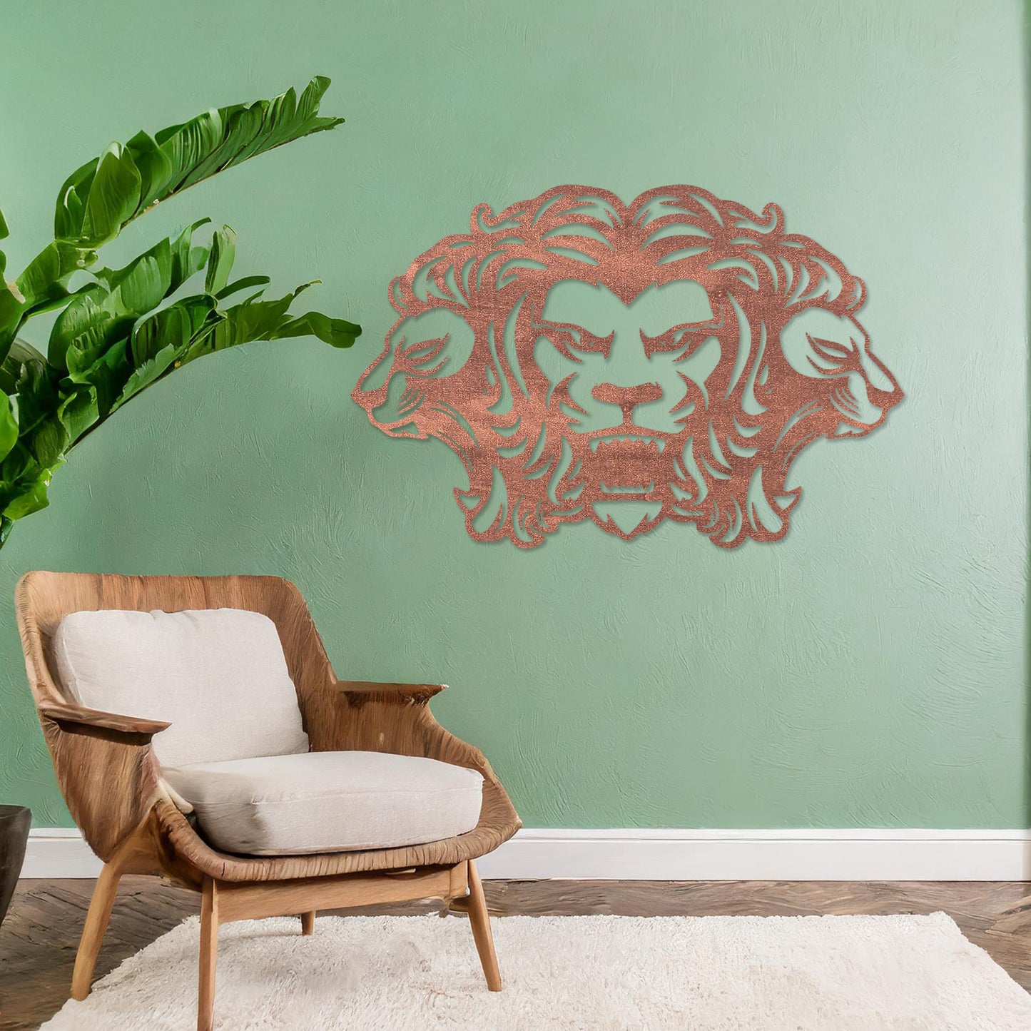 Wooden wall art featuring a striking design of three lions, with the central lion in a roaring pose and the two side profiles showcasing graceful expressions. Mounted on a neutral wall within modern decor, this piece adds a bold and regal statement to the room.