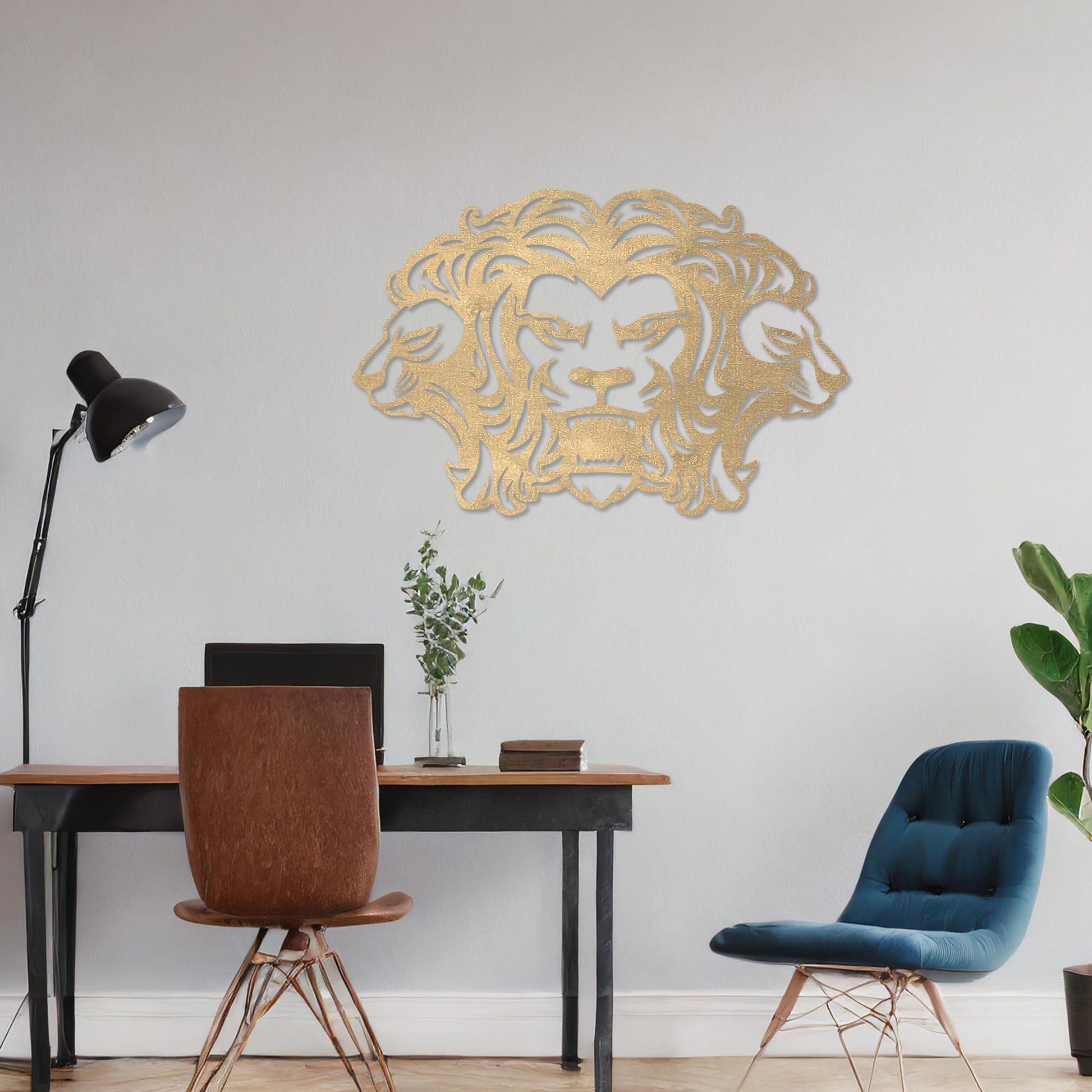 Wooden wall art featuring a striking design of three lions, with the central lion in a roaring pose and the two side profiles showcasing graceful expressions. Mounted on a neutral wall within modern decor, this piece adds a bold and regal statement to the room.