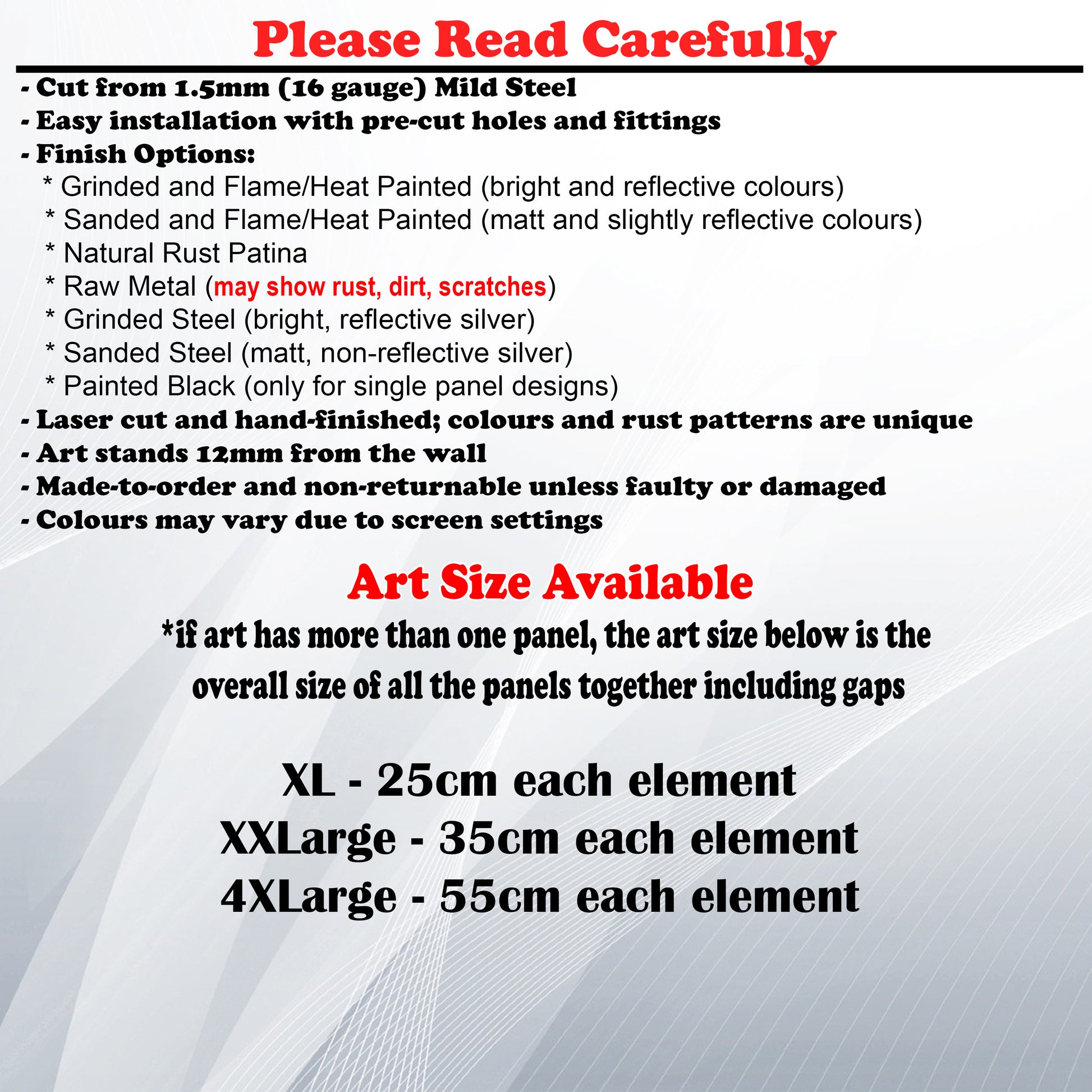 Metal Art Size Guide and art details like Material, finish options, fittings
