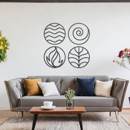 Wooden wall art set featuring four circular designs symbolising natural elements: waves for water, a spiral for air, flames for fire, and leaves for earth. Mounted on a neutral wall within modern decor, these minimalist designs evoke balance and harmony.