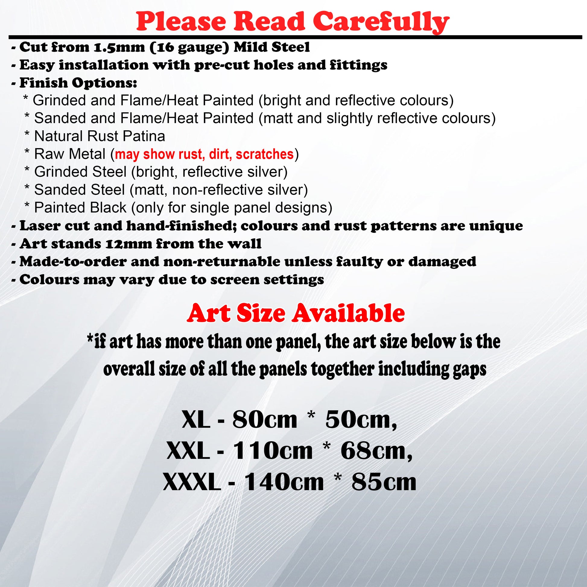 Metal Art Size Guide and art details like Material, finish options, fittings