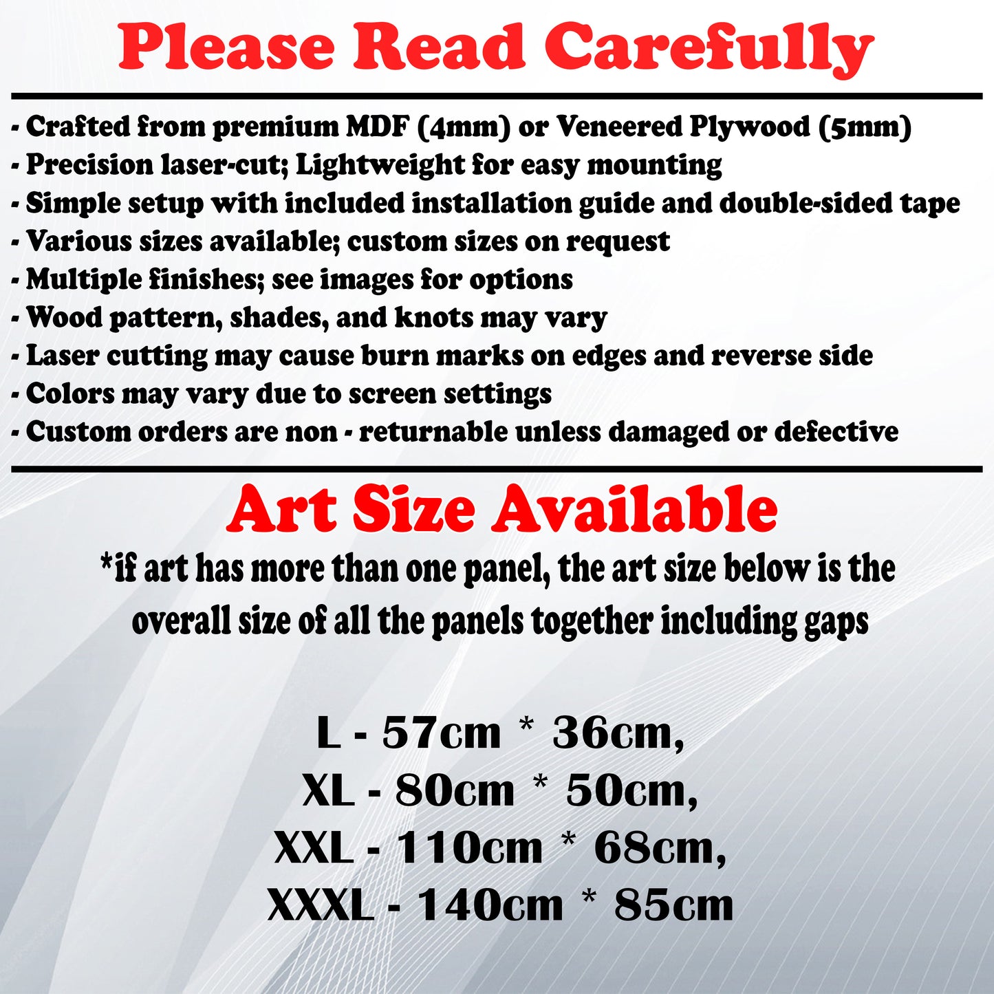 Wooden Art Size Guide and art details, Material, finish options, fittings.