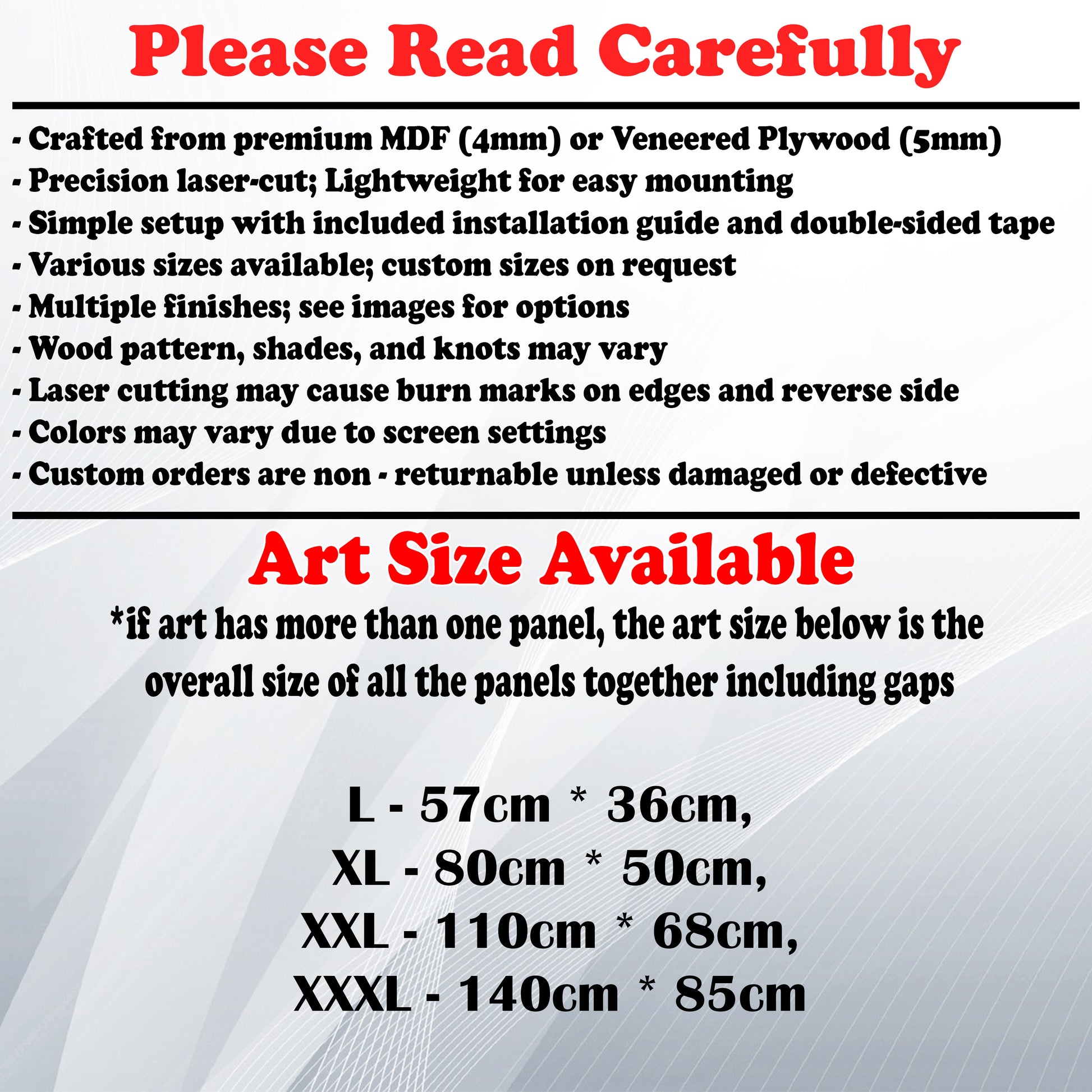 Wooden Art Size Guide and art details, Material, finish options, fittings.