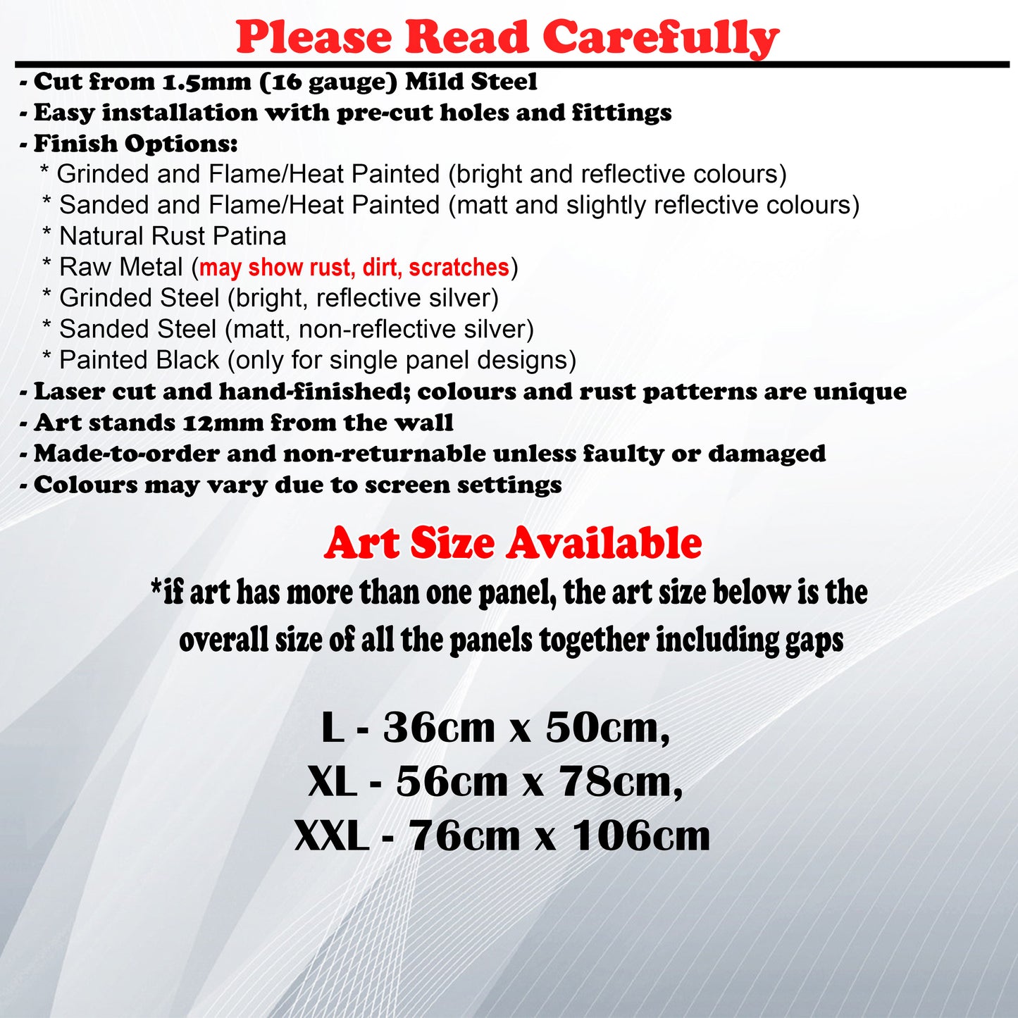 Metal Art Size Guide and art details like Material, finish options, fittings