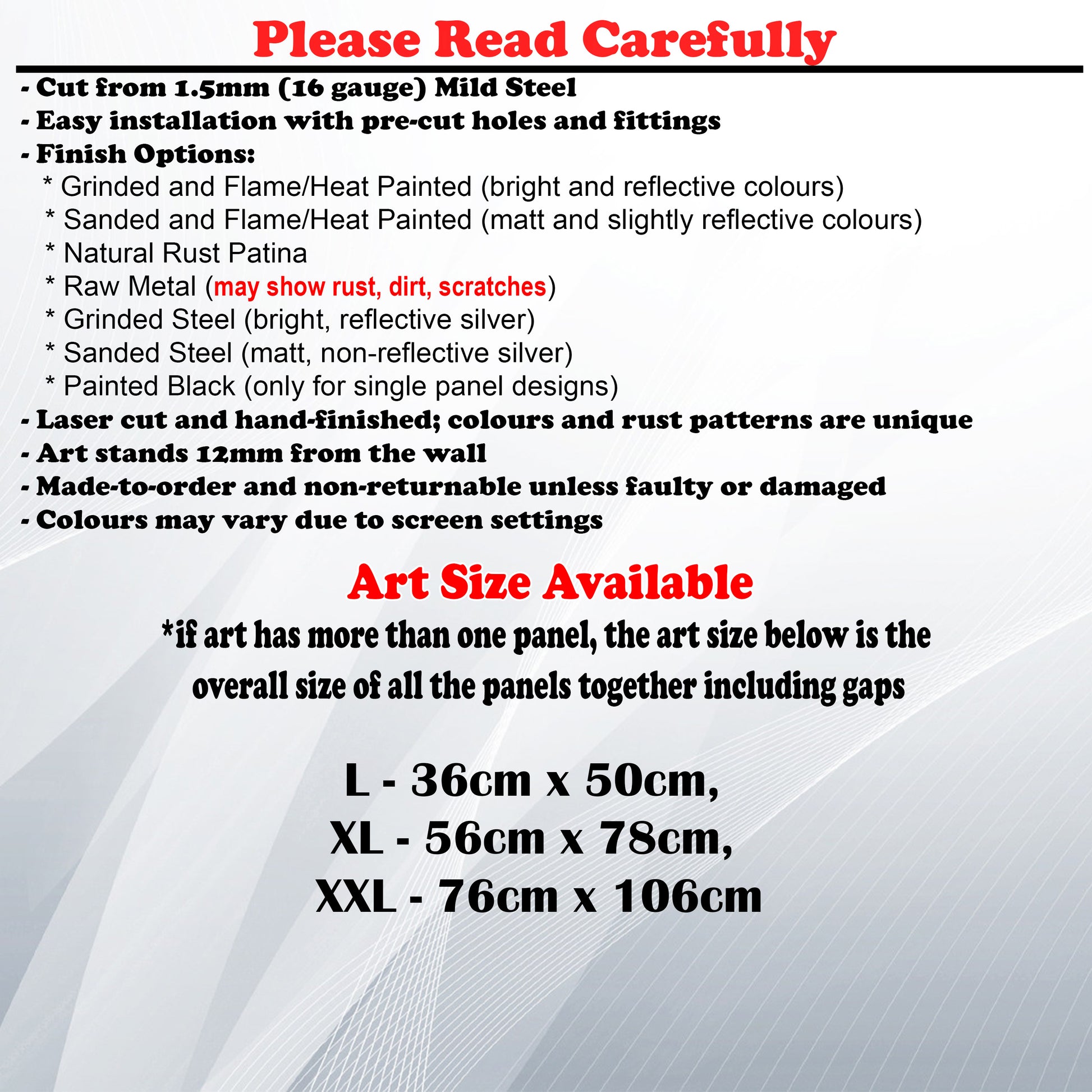 Metal Art Size Guide and art details like Material, finish options, fittings