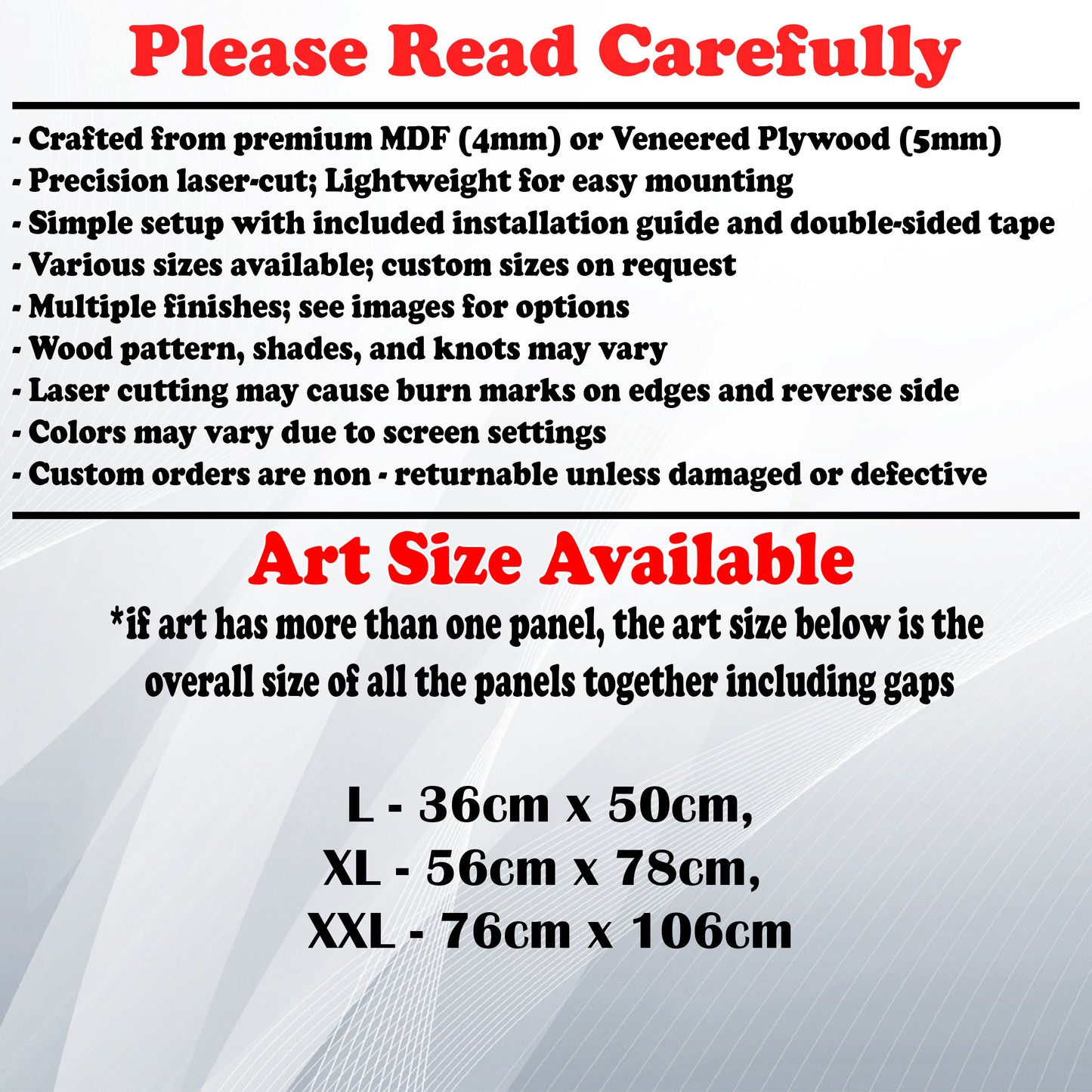Wooden Art Size Guide and art details, Material, finish options, fittings.