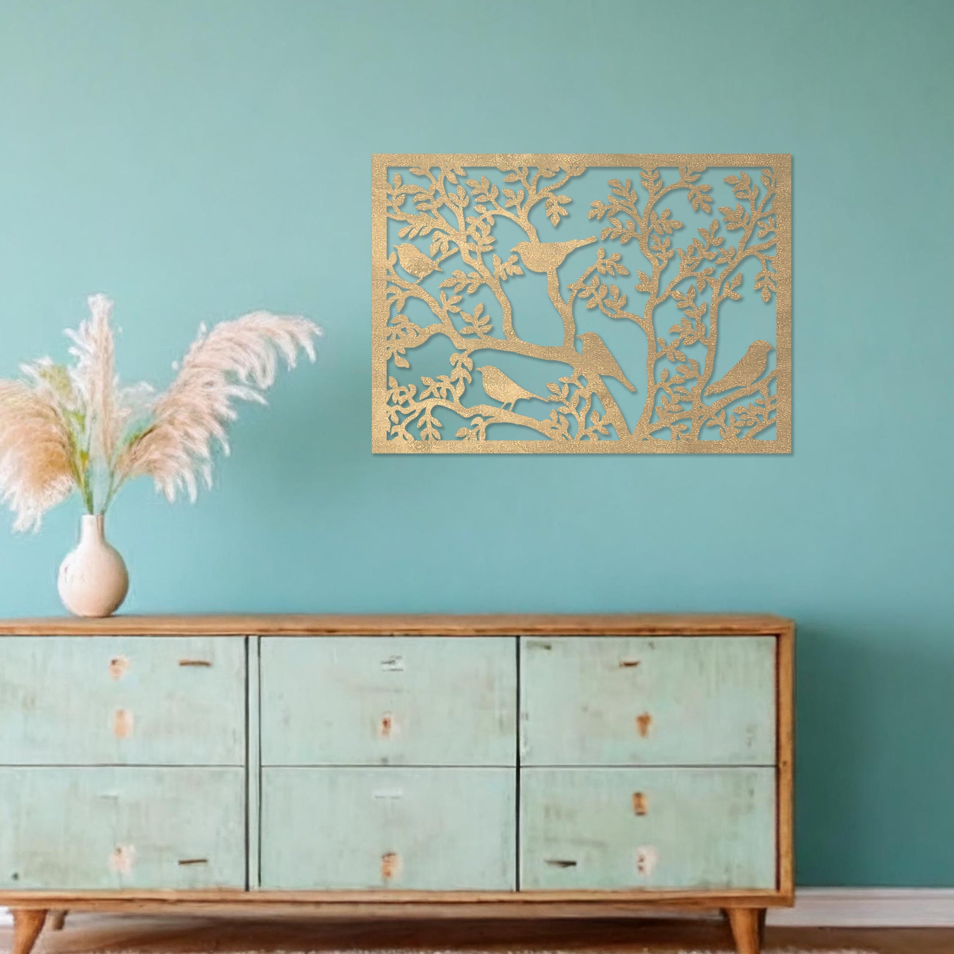 Wooden wall art showcasing a detailed scene of birds perched on intricately designed tree branches. The design highlights nature's charm, placed on a neutral wall within modern room decor, creating an inviting and tranquil atmosphere.