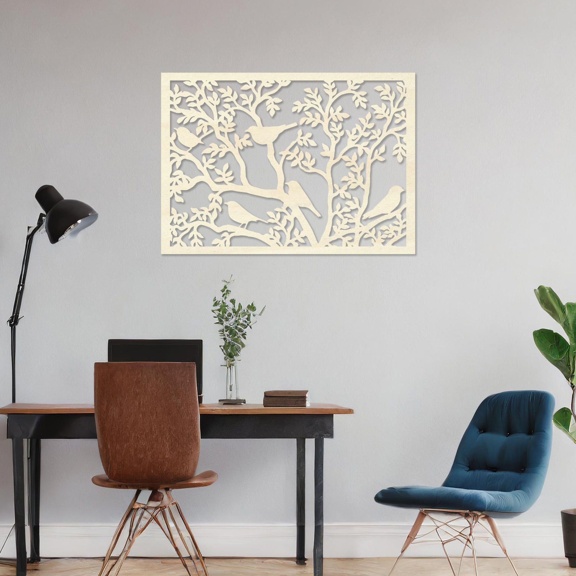 Wooden wall art showcasing a detailed scene of birds perched on intricately designed tree branches. The design highlights nature's charm, placed on a neutral wall within modern room decor, creating an inviting and tranquil atmosphere.