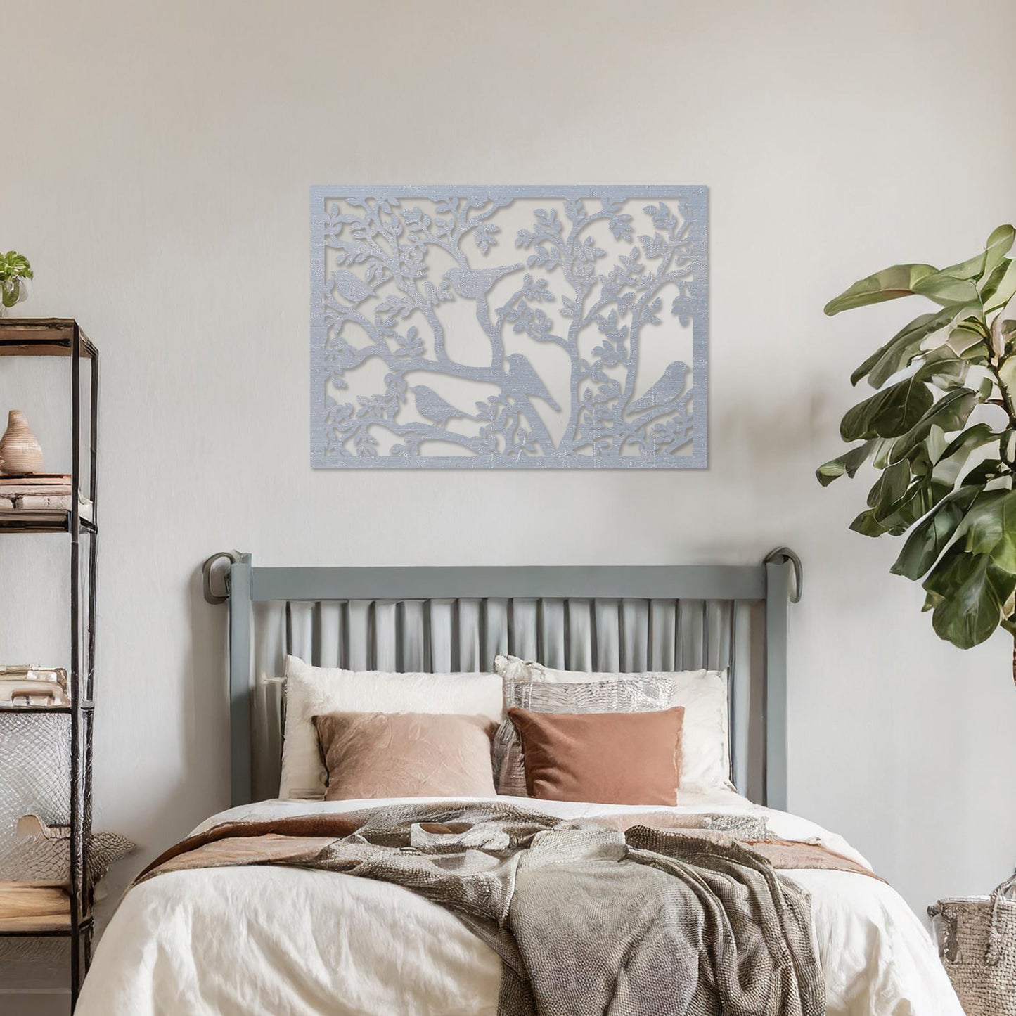 Wooden wall art showcasing a detailed scene of birds perched on intricately designed tree branches. The design highlights nature's charm, placed on a neutral wall within modern room decor, creating an inviting and tranquil atmosphere.