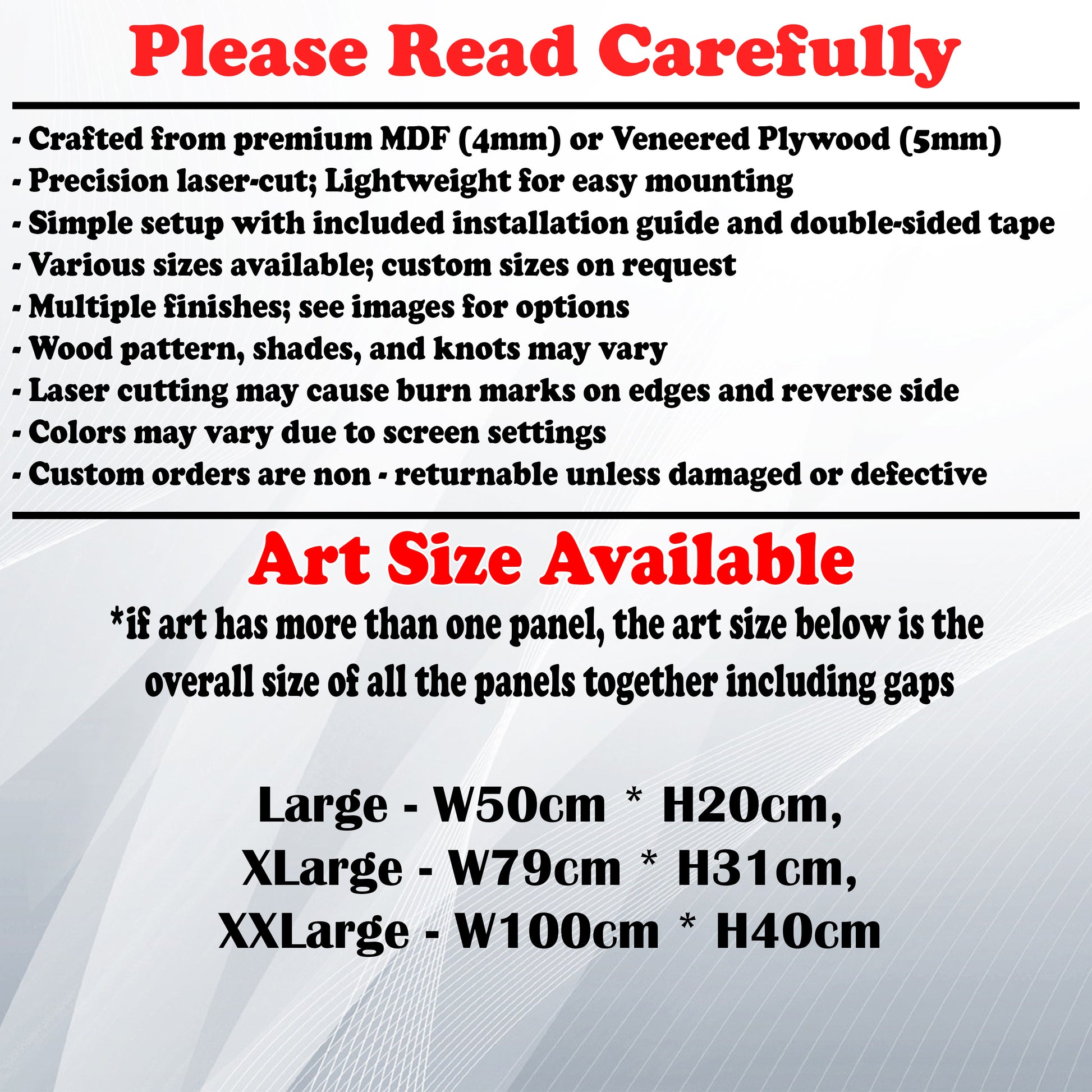 Wooden Art Size Guide and art details, Material, finish options, fittings.