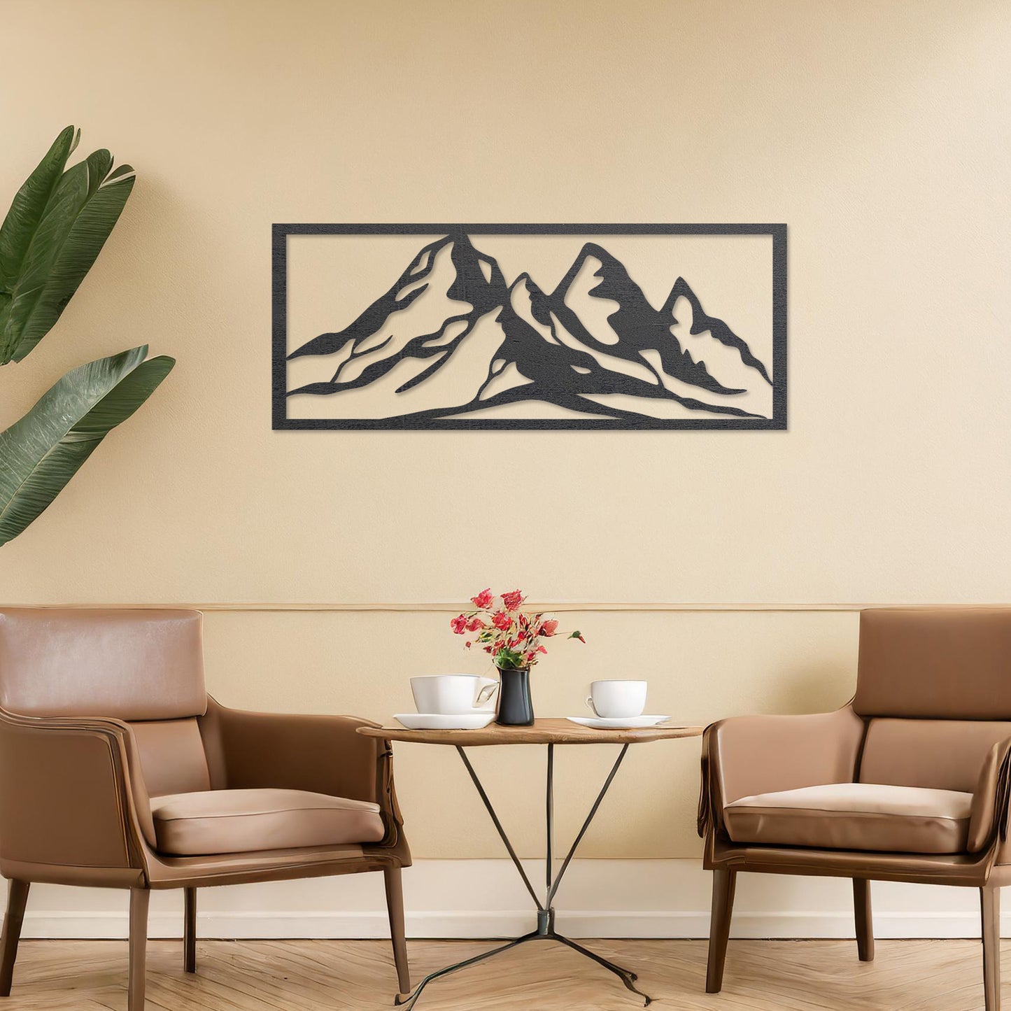 Wooden wall art featuring a stunning mountain range design, capturing the essence of natural landscapes. Set against a neutral wall in a modern decor setting, this artwork adds depth and serenity to the room's atmosphere.