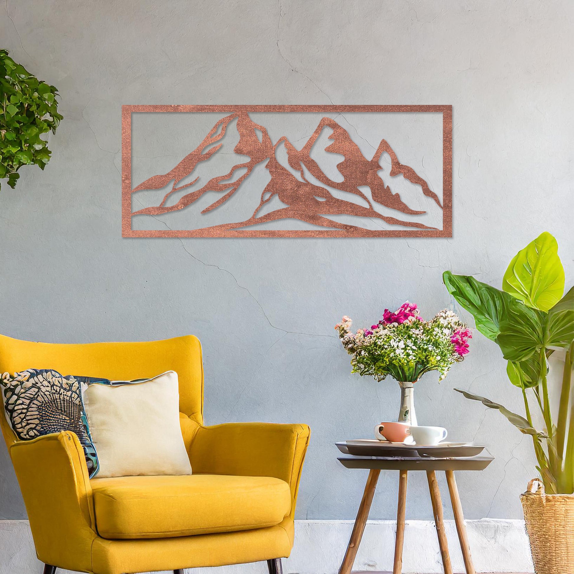 Wooden wall art featuring a stunning mountain range design, capturing the essence of natural landscapes. Set against a neutral wall in a modern decor setting, this artwork adds depth and serenity to the room's atmosphere.