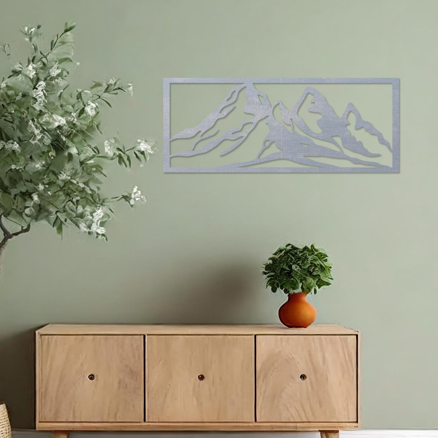 Wooden wall art featuring a stunning mountain range design, capturing the essence of natural landscapes. Set against a neutral wall in a modern decor setting, this artwork adds depth and serenity to the room's atmosphere.